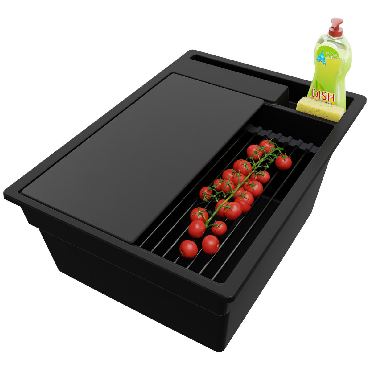 SPÜLBECKEN Oslo Pocket, 2-er set Alles Schwarz 38/53 cm 1 Becken + Ablauf-Set + Küchenzubehörset ab 40er Unterschrank - Schwarz, Kunststoff (38/20/53cm) - Primagran