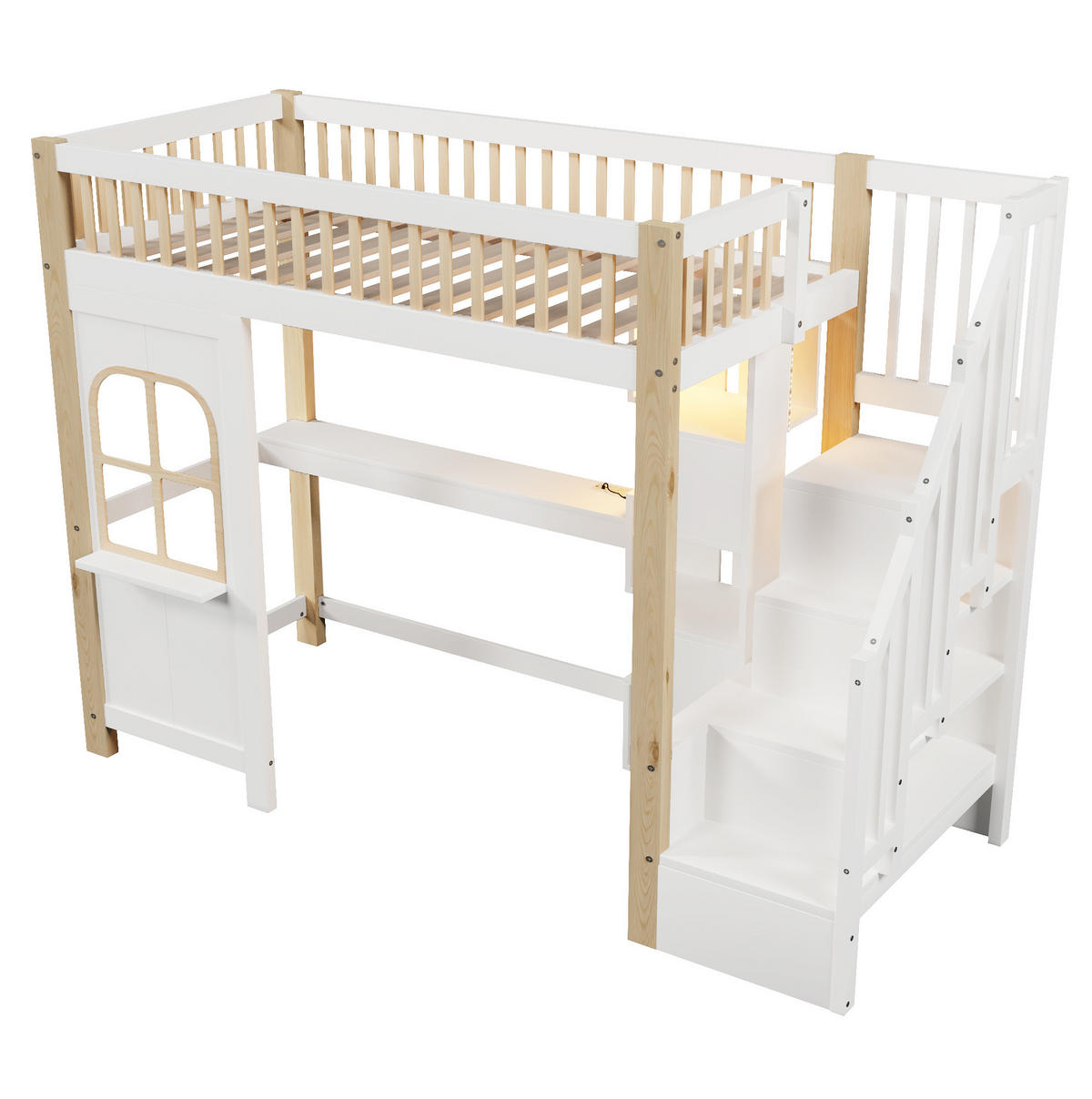 HOCHBETT aus Kiefernholz und MDF 90x200 cm Weiß/Natur mit LED-Beleuchtung, Schreibtisch und Ablageleiter - Weiß, Holzwerkstoff (140/200cm) - Modfu