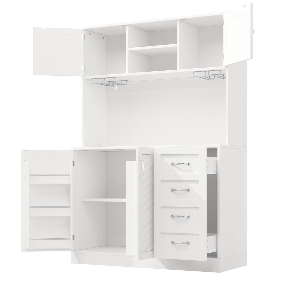 BUFFETSCHRANK 120/40/188 cm mit LED-Beleuchtung, 4 Türen, 2 Schubladen, Getränkehaltern und MDF-Korpus, Weiß - Weiß, Holzwerkstoff (120/188/40cm) - Redom