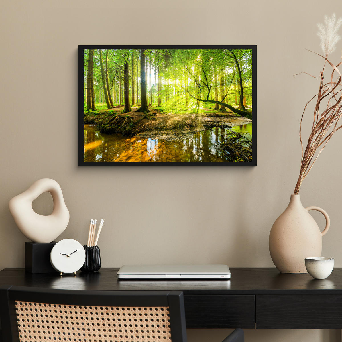 POSTER MIT RAHMENGERAHMTES BILD Wald - Landschaft - Wasser - Bäume - Sonne - Grün - Natur 60x40 cm - Grün, Papier (60/40cm) - MuchoWow