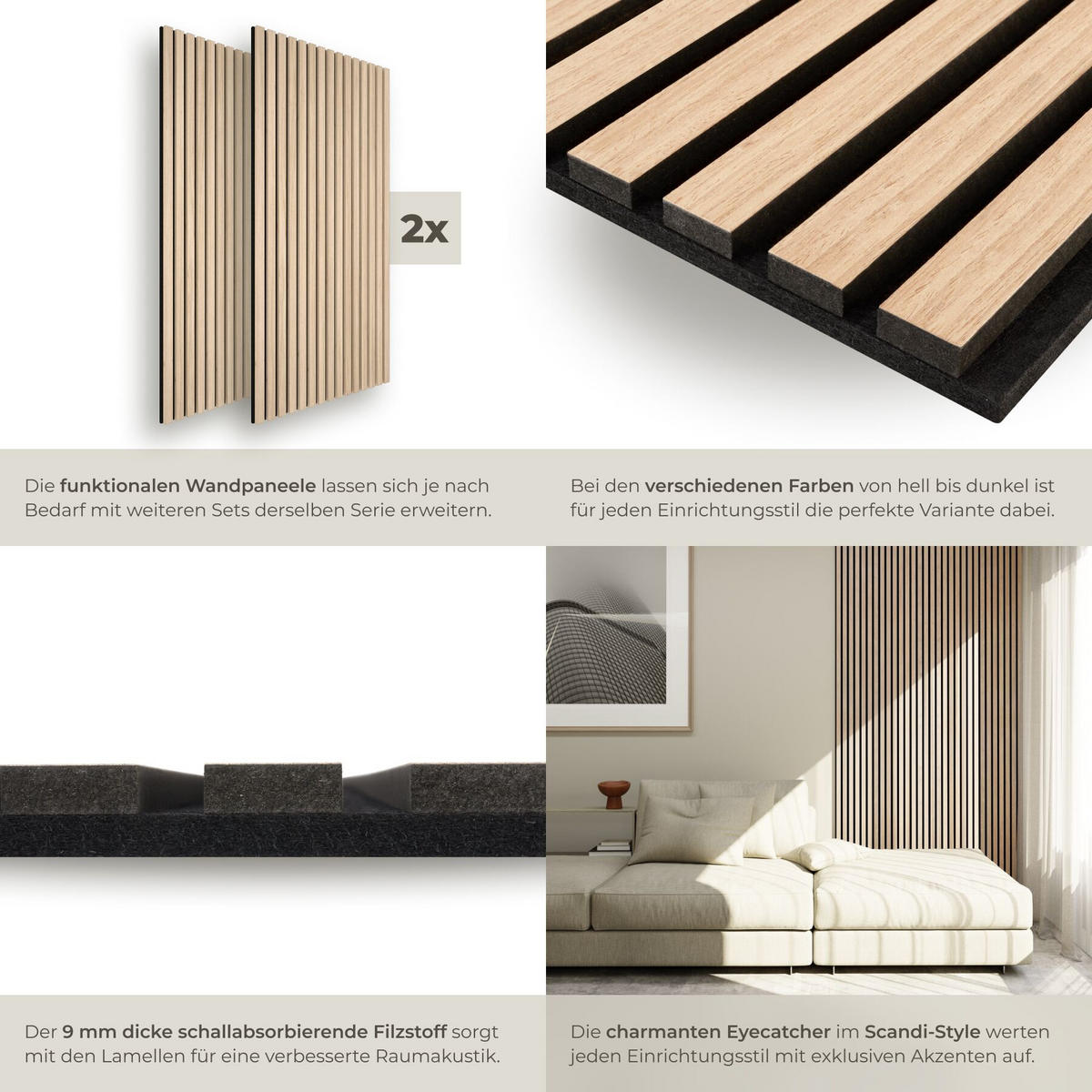 AKUSTIKPANEELE 2er Set Sonic Wall II, Schallabsorber Holzoptik, Größe flexibel anpassbar, eiche hell - Hellbraun, Holz (50/1.8/110cm) - tectake