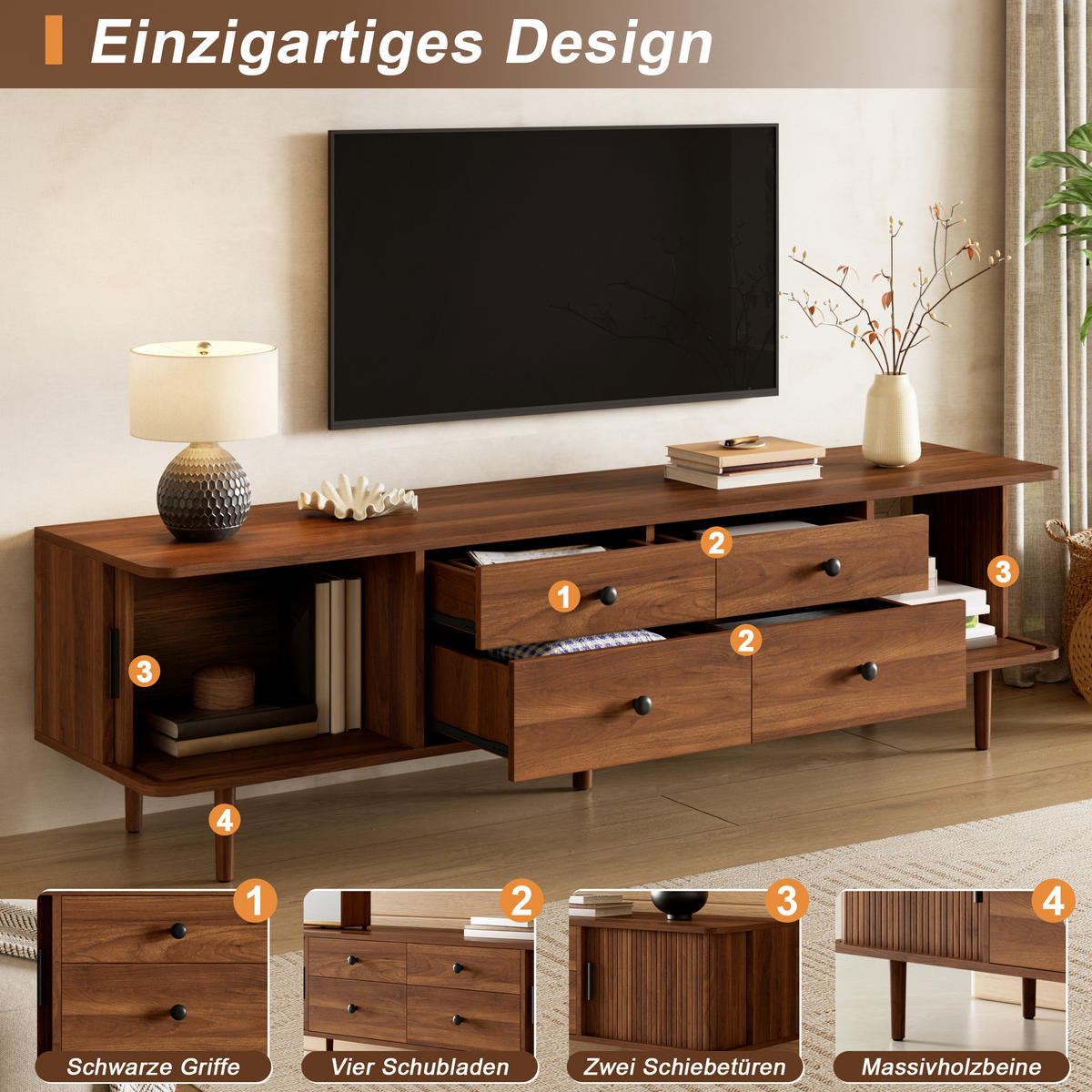 TV-LOWBOARD 165cm mit 4 Schubladen und 2 Schiebetüren - Walnussfarben, Holzwerkstoff (165/46/40cm) - FLIEKS