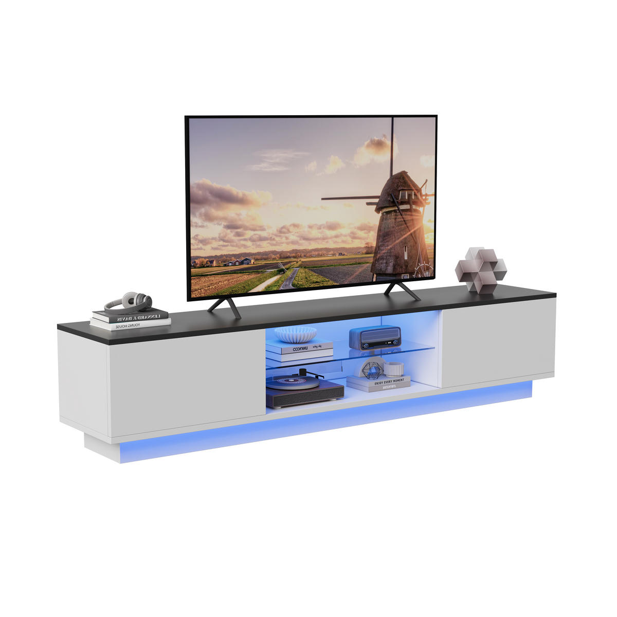 TV LOWBOARD 160x32x35 cm LED 16 Farben Türen Holz weiß schwarz - Weiß, Holz (160/42/32cm) - LEBENLANG