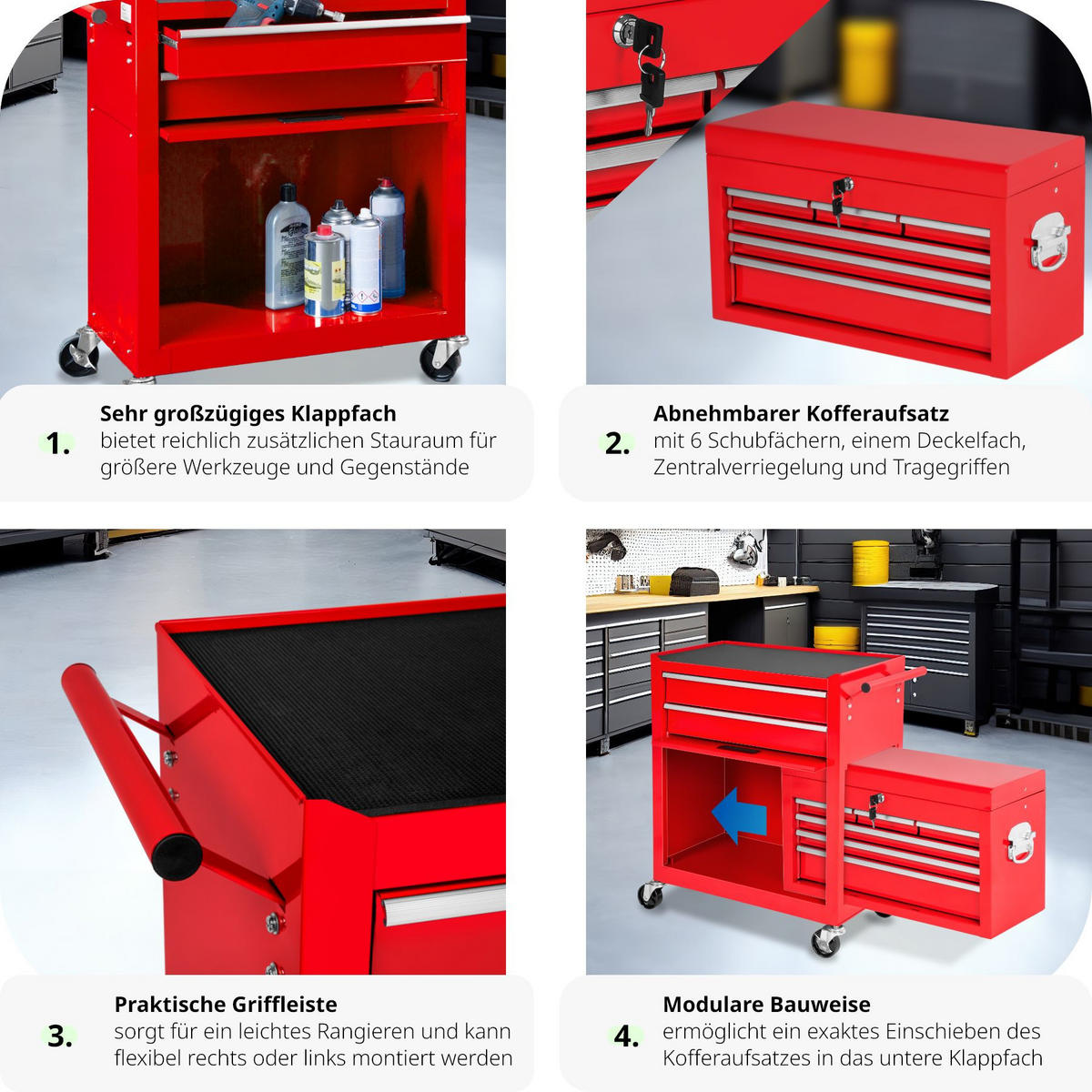 WERKZEUGWAGEN ,Rollen Ø 100 mm,rot - Rot, Metall (33/110/69cm) - tectake