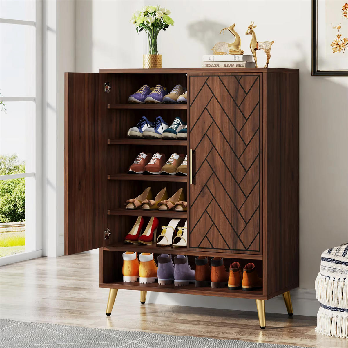 SCHUHSCHRANK Walnuss 6 Ebenen mit Türen - Braun, Holz (75/110/35cm) - Kaket