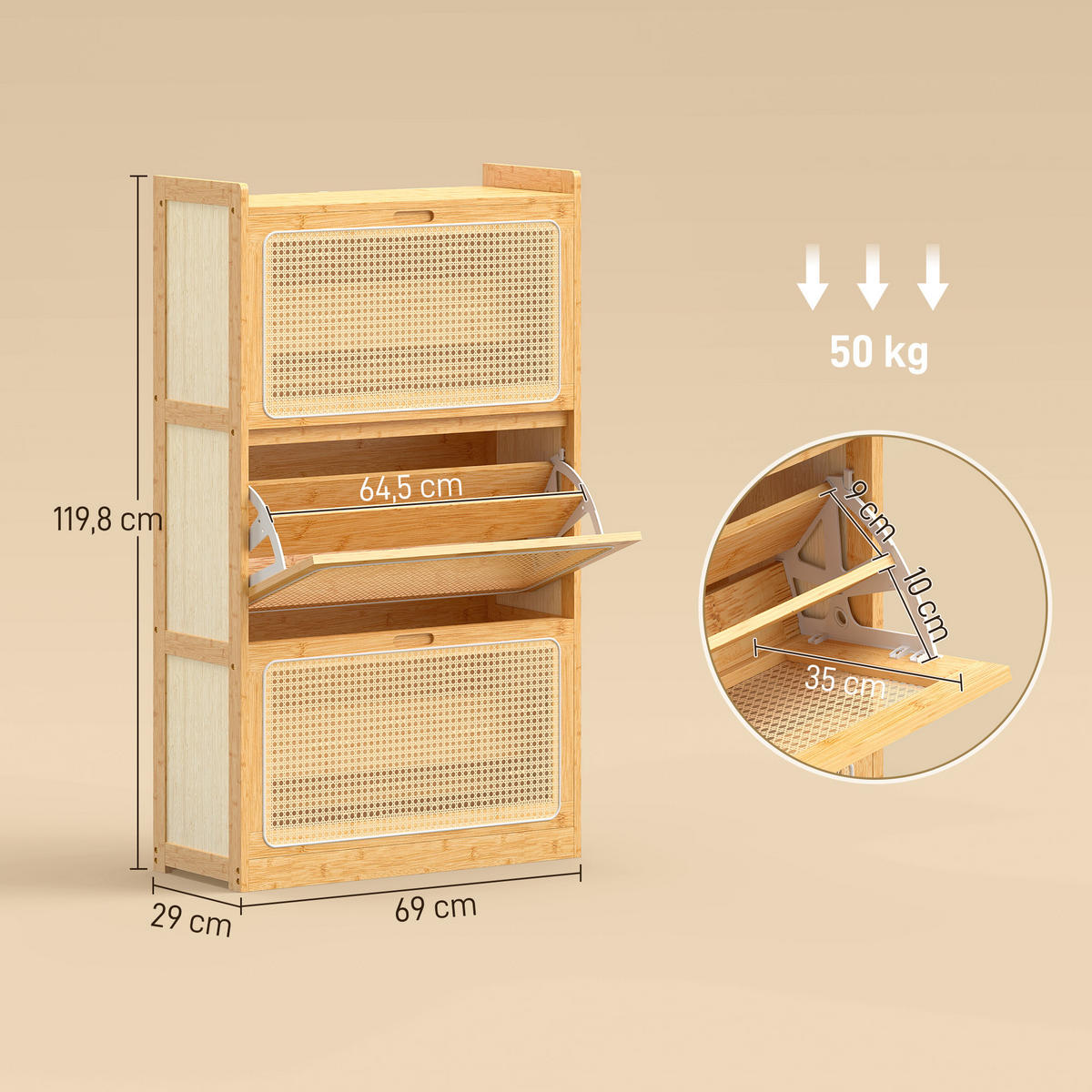 SCHUHSCHRANK,3 Klappschubladen für 14 Paar 69x29x119,8cm,naturholz - Beige, Holzwerkstoff (69/119.8/29cm) - Vallsero