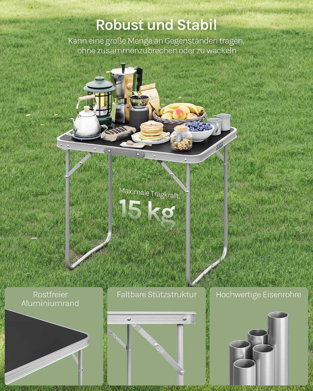 CAMPINGTISCH mit Griff Klappbar 70 x 50 x 60 cm Schwarz - Schwarz, Metall (70/50/60cm) - Woltu