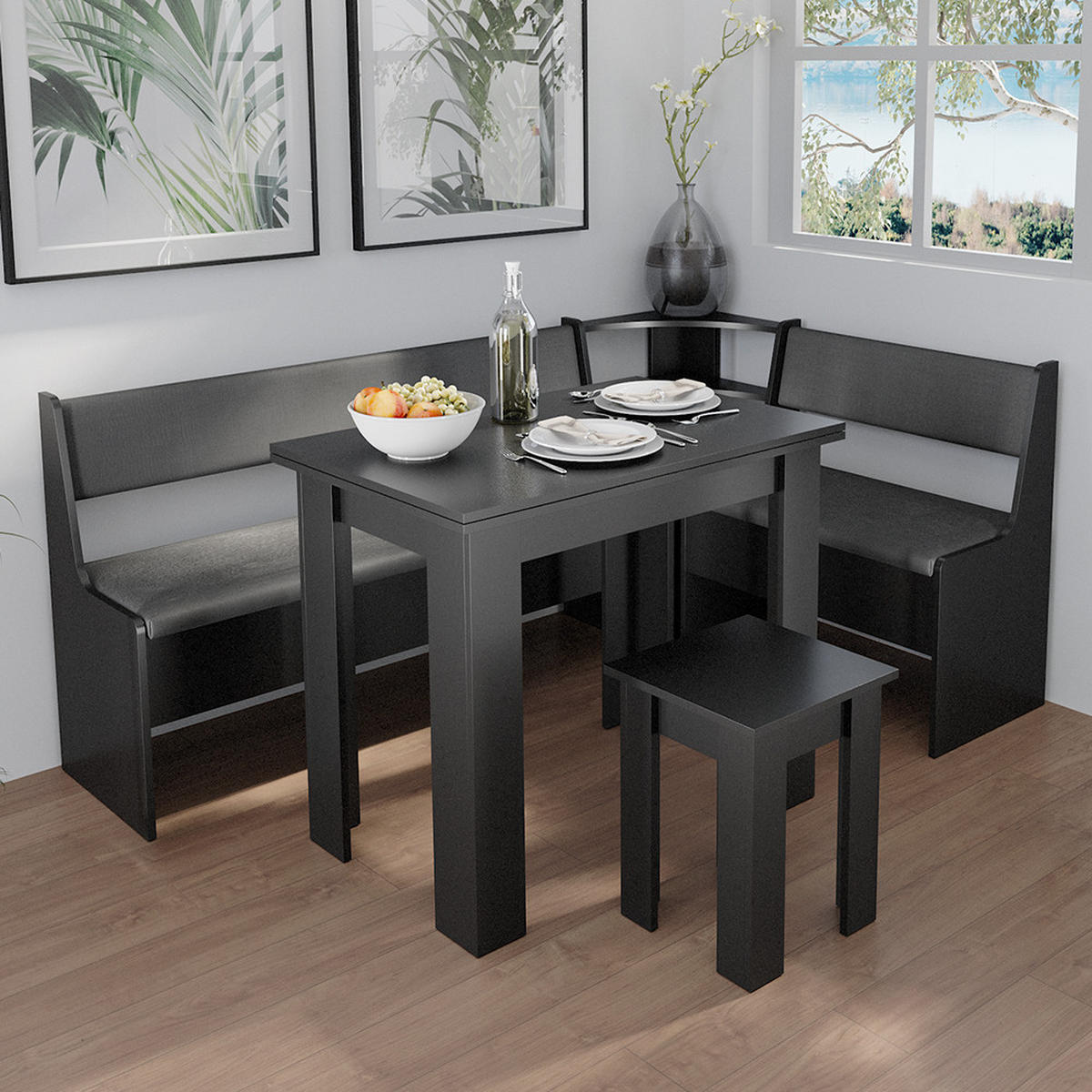 ECKBANKGRUPPE Roman Schwarz 120 x 41.5 cm mit Tisch - Schwarz Hochglanz/Schwarz, Holzwerkstoff (180/80/120cm) - Vicco