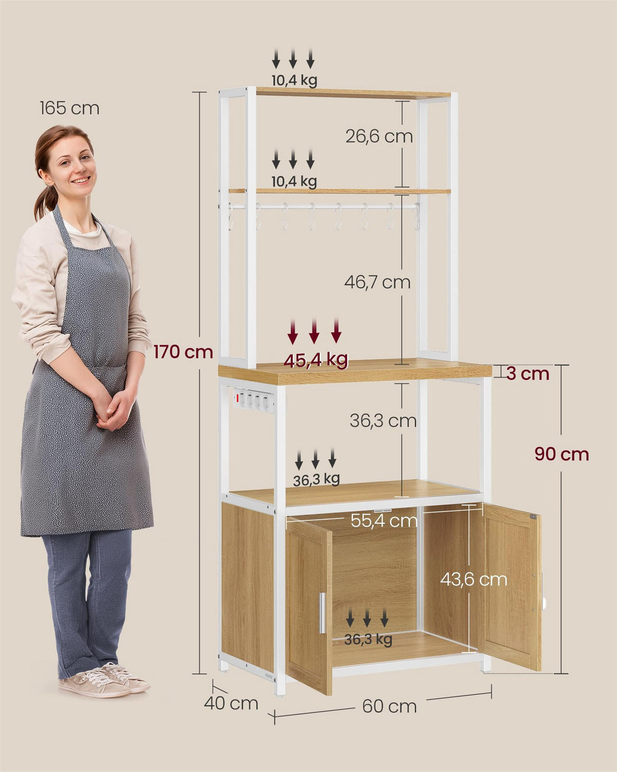 KÜCHENREGAL mit Steckdosenleiste & 8 Haken Weiß - Weiß, Metall (60/170/40cm) - Kaket