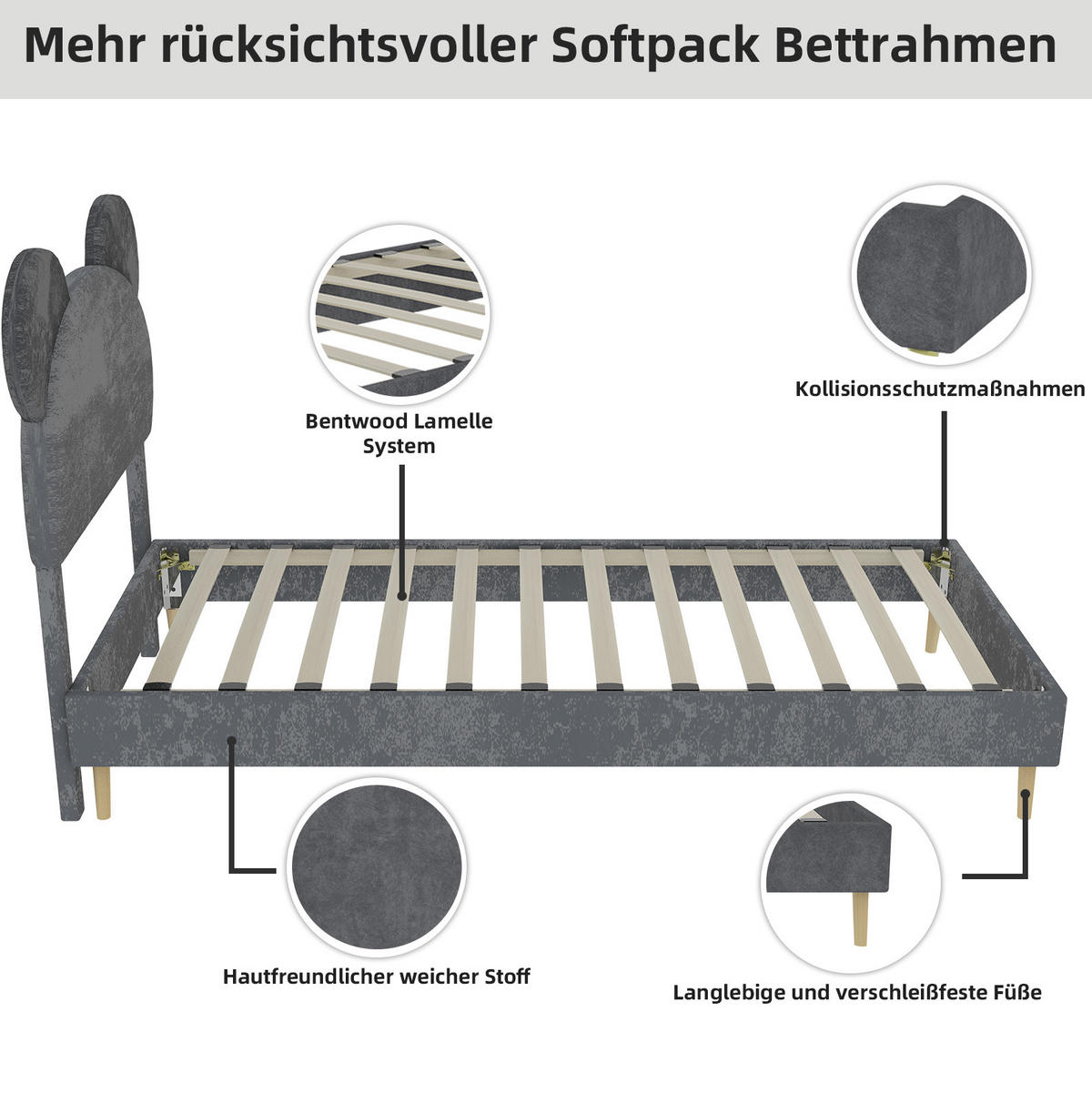 POLSTERBETT 90/200 cm mit hydraulischem Bettkasten, cartoonförmigem Kopfteil und Stoffbezug, Grau - Grau, Textil (90/200cm) - Redom