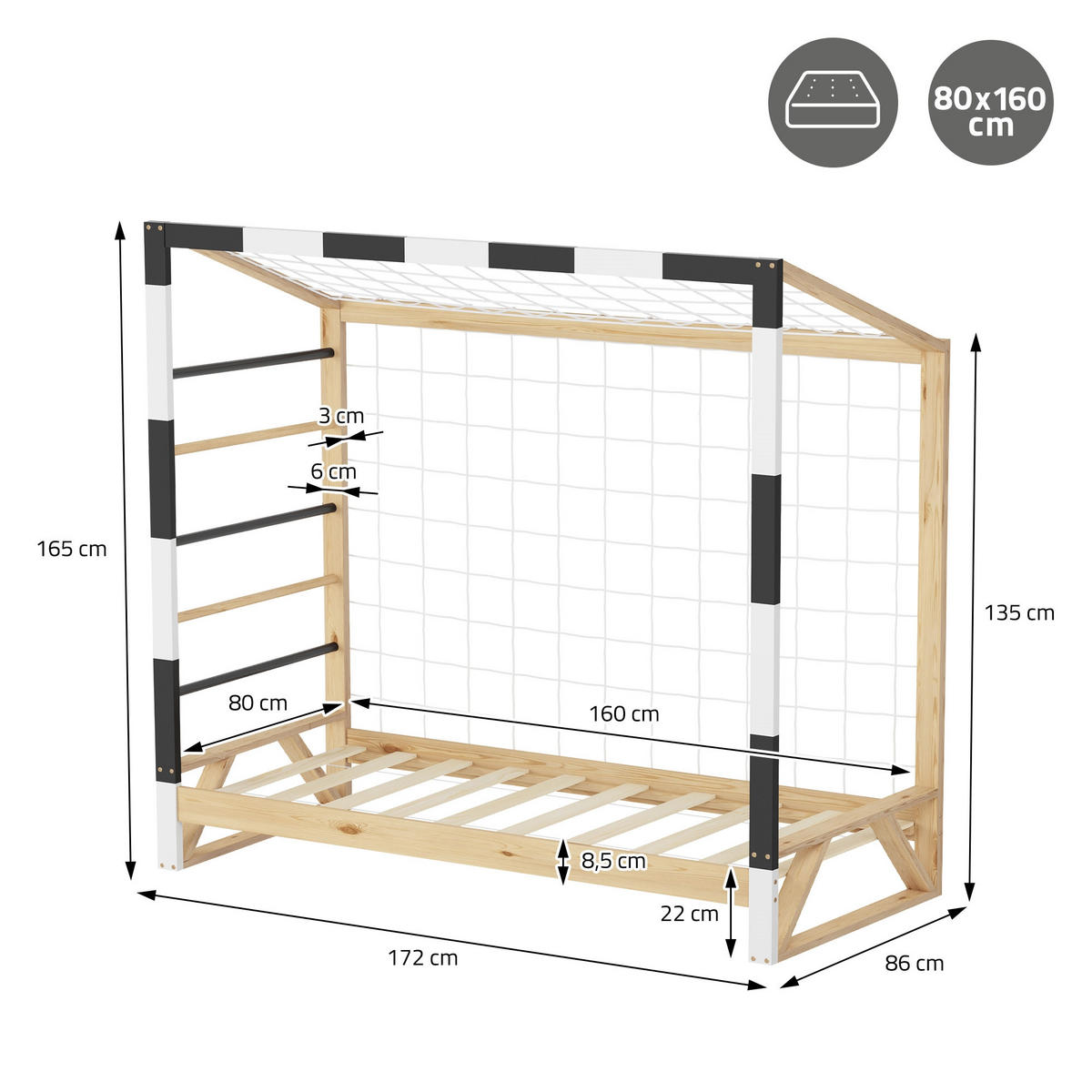 KINDERBETT Fußballtor 80x160 cm Schwarz-Weiß - Hellbraun, Holz (80/170cm) - ML-DESIGN