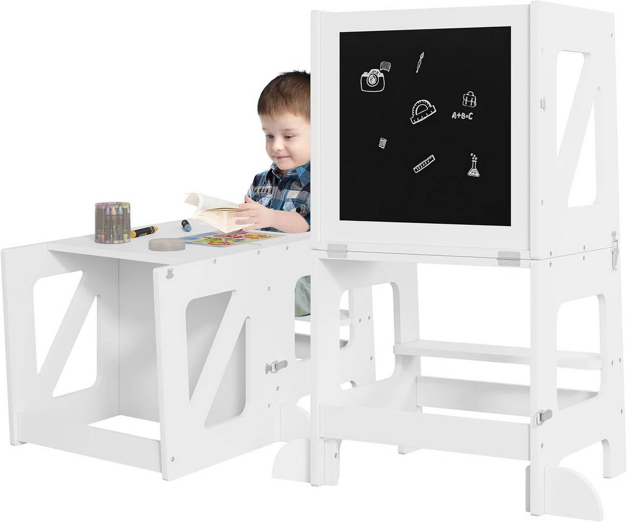LERNTURM 3 in 1, mit Rausfallschutz, Weiß - Weiß, Holzwerkstoff (45/86.5/35cm) - Woltu
