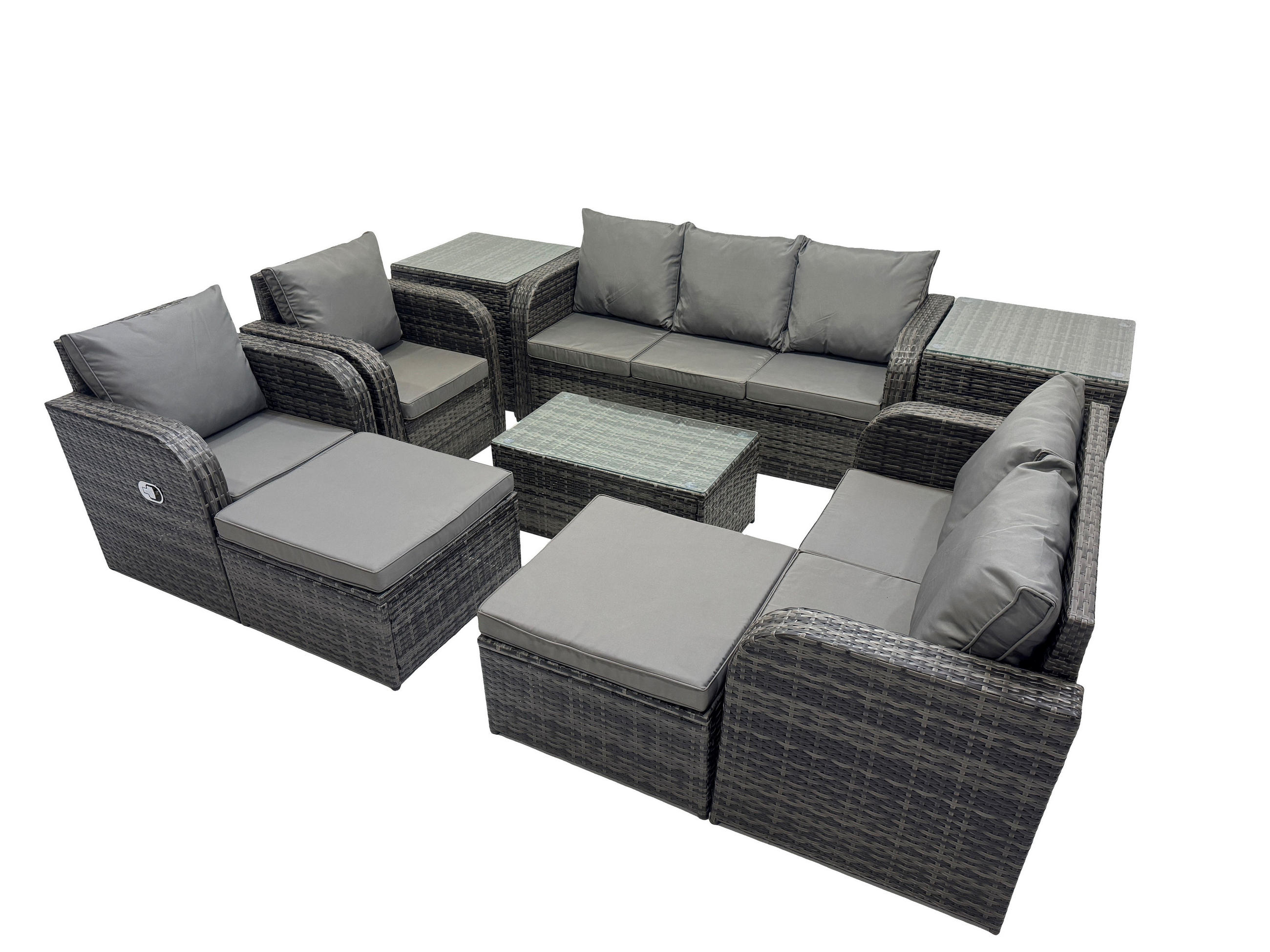 GARTENMÖBELSET mit Couchtisch Polyrattan 9-Sitzer - Dunkelgrau/Grau, Glas/Kunststoff - Fimous