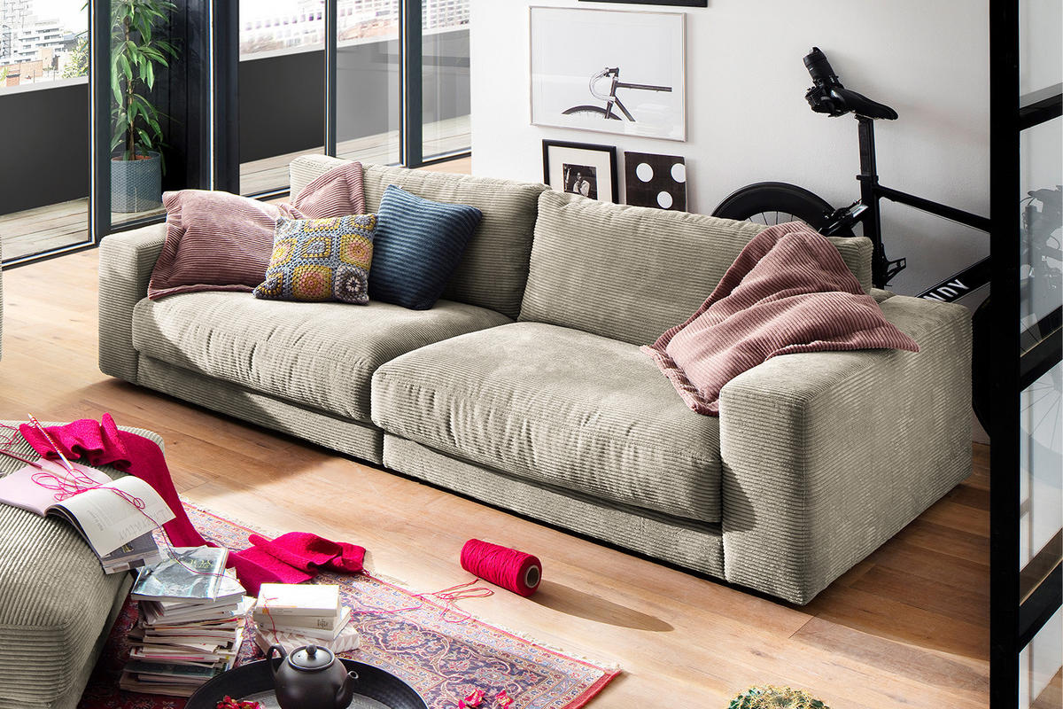 SOFA 3-SITZER MADELINE Grau Cord - Greige/Schwarz, Textil (290/85/127cm) - KAWOLA