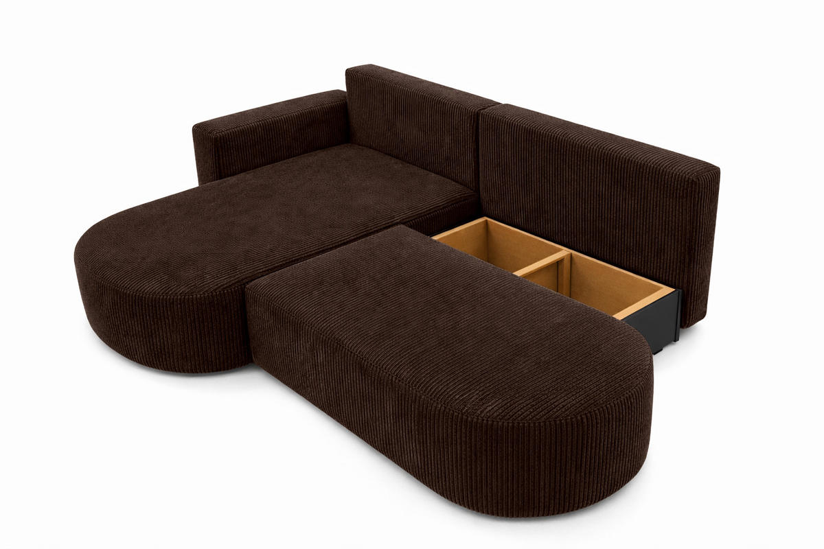 ECKSOFA Mit Schlaffunktion Und Bettkasten, Cordstoff Poso, Braun, Links, ROUND ONE OPEN XL - Braun, Holz (262/175cm) - Kaiser Möbel