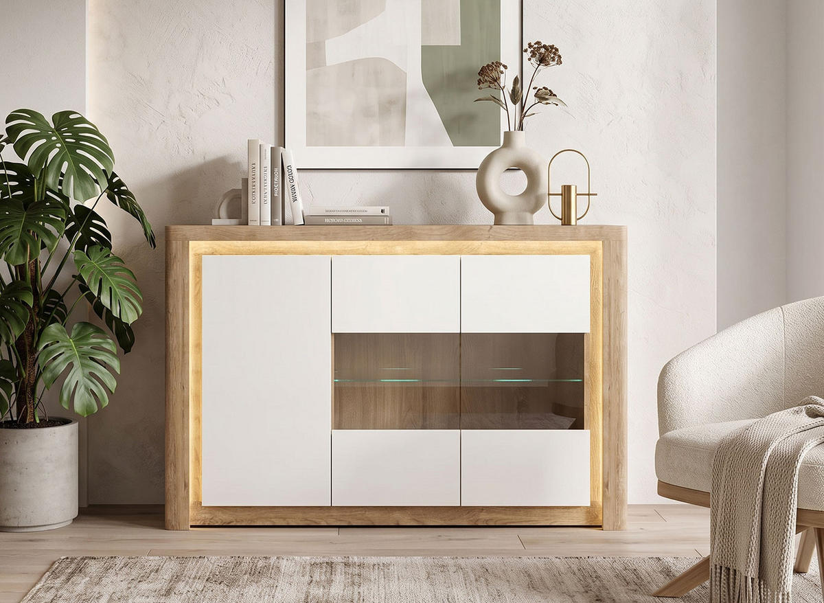 KOMMODE Livinio Ribbeck Eiche / weiß Hochglanz 144 / 40,5 / 97,5cm - Eichefarben/Braun, Holz/Holzwerkstoff (144/98/41cm) - Feldmann-Wohnen