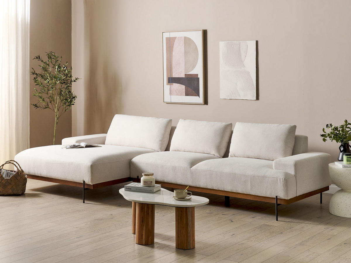 3-SITZER-ECKSOFA hellbeige linksseitig Mariferd - Beige/Dunkelbraun, Textil (316/146cm) - Beliani