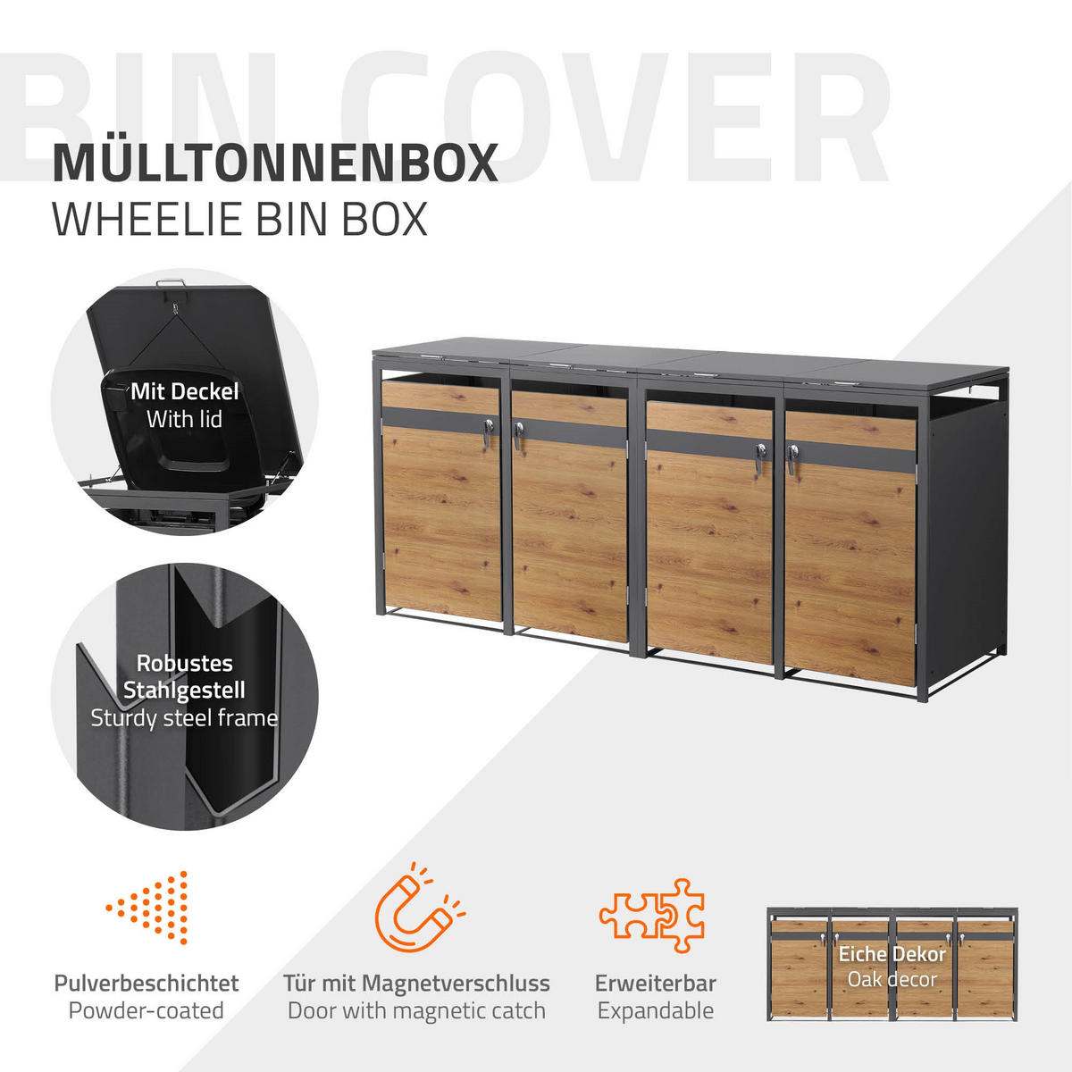 MÜLLTONNENBOX 4er Anthrazit-Eichenoptik - Braun, Metall (264/120/80cm) - ML-DESIGN