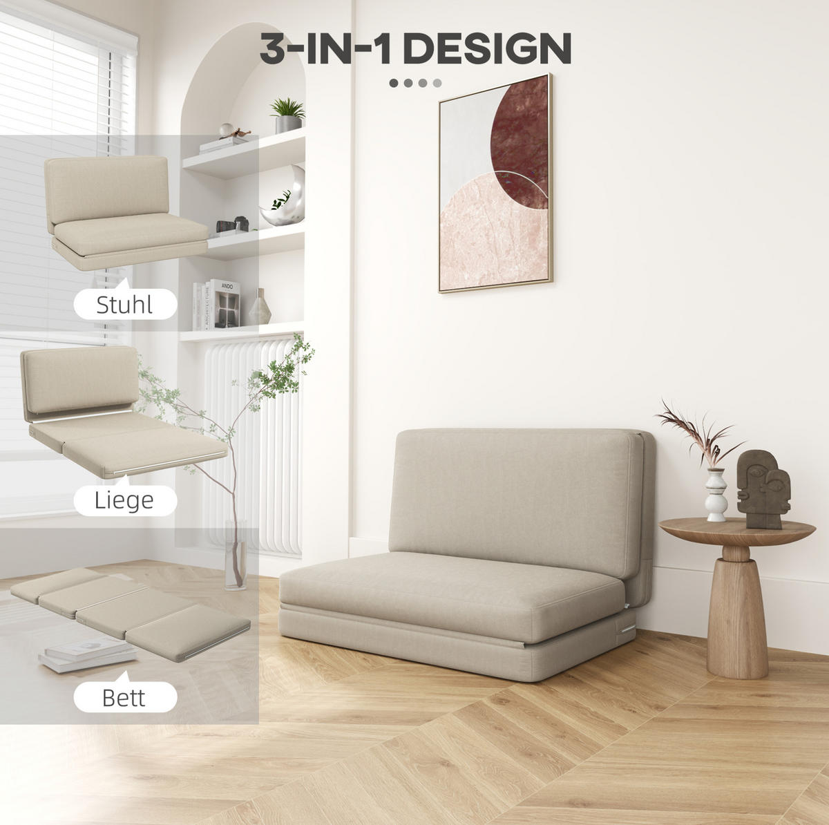 BODENSOFA aus Polyester, 3-in-1 klappbar als Sessel & Schlafmatratze, 120/275/10 cm, Beige - Beige, Textil (120/10/275cm) - Redom