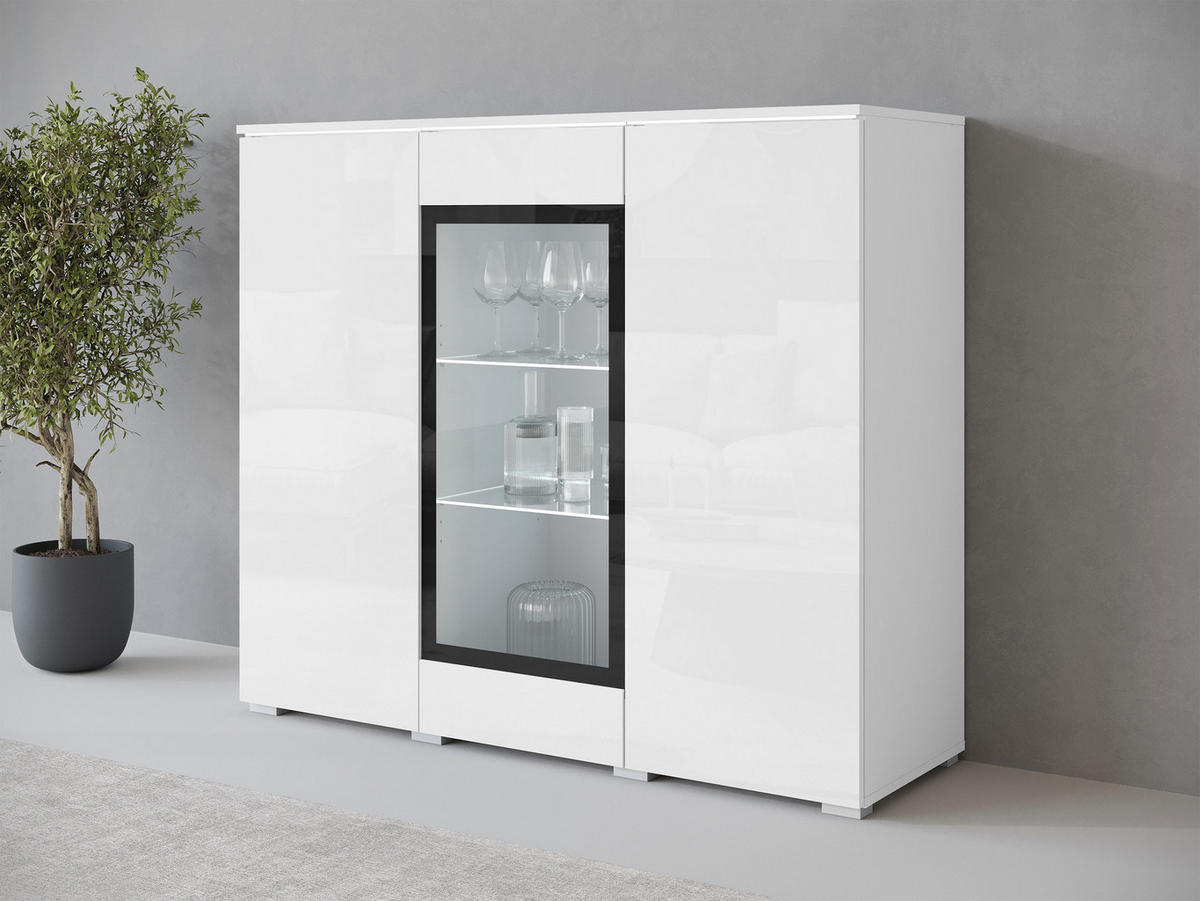 KOMMODE Vera 120 mit weißer LED Beleuchtung - Weiß Hochglanz/Silberfarben, Holzwerkstoff/Kunststoff (120/104/40cm) - MIRJAN24