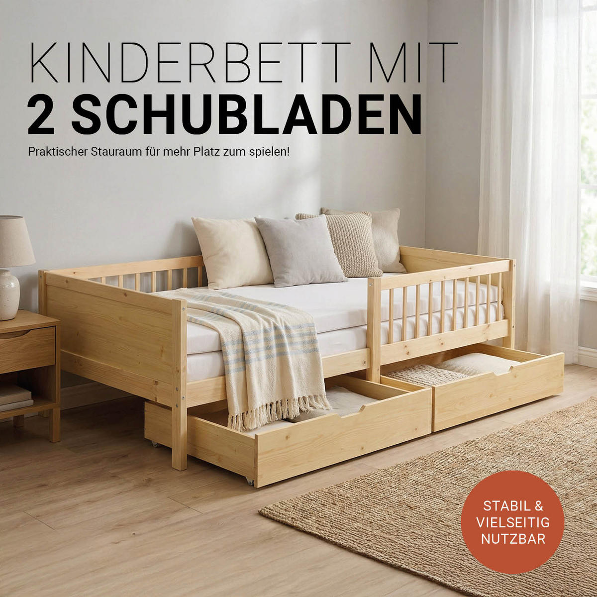 KINDERBETT Natur 90/200 2 Bettkästen Rausfallschutz - Naturfarben, Holz (90/200cm) - Homestyle4u