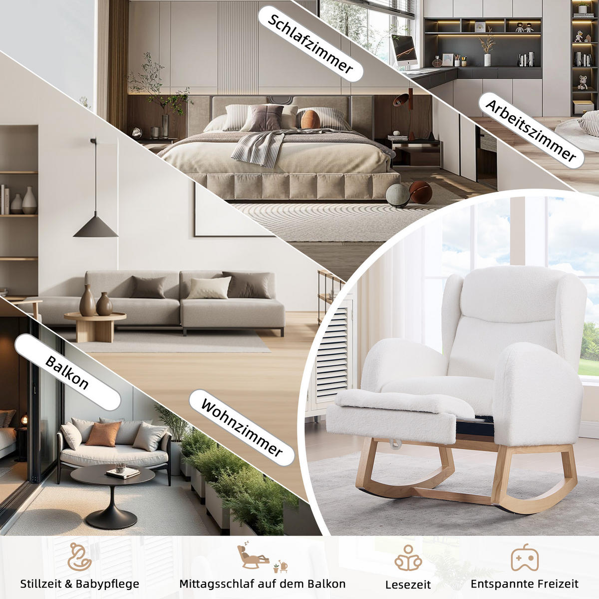 SCHAUKELSTUHL Teddy-Stoff mit ausziehbarer Fußstütze und Tasche 122.5/70/104 cm Weiß - Weiß, Textil (70/104/122.5cm) - Redom