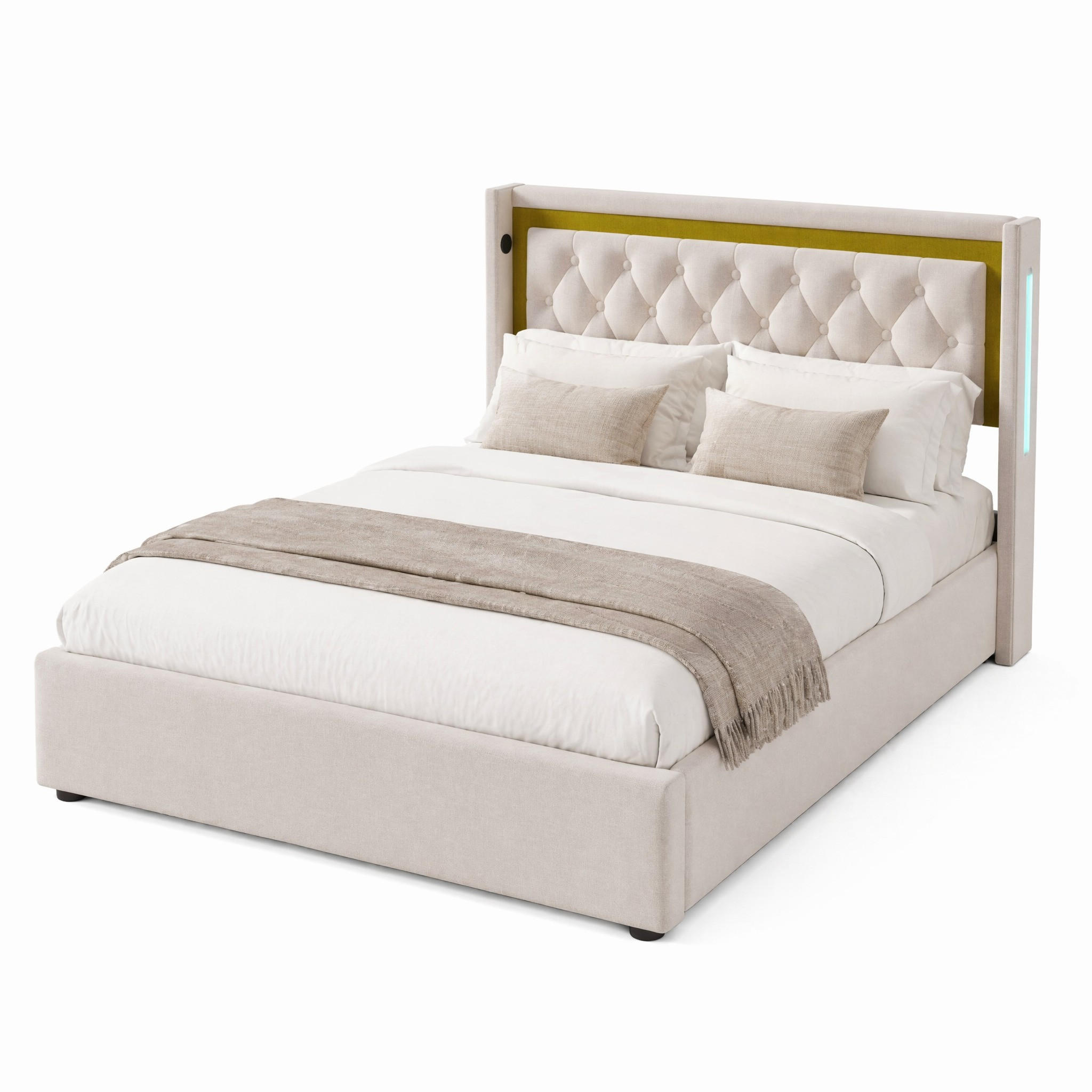 POLSTERBETT 140/200 cm in Hellbeige & Senfgelb mit Bettkasten, LED, USB und Type-C Stoff - Beige, Holzwerkstoff/Textil (140/200cm) - STILVORA