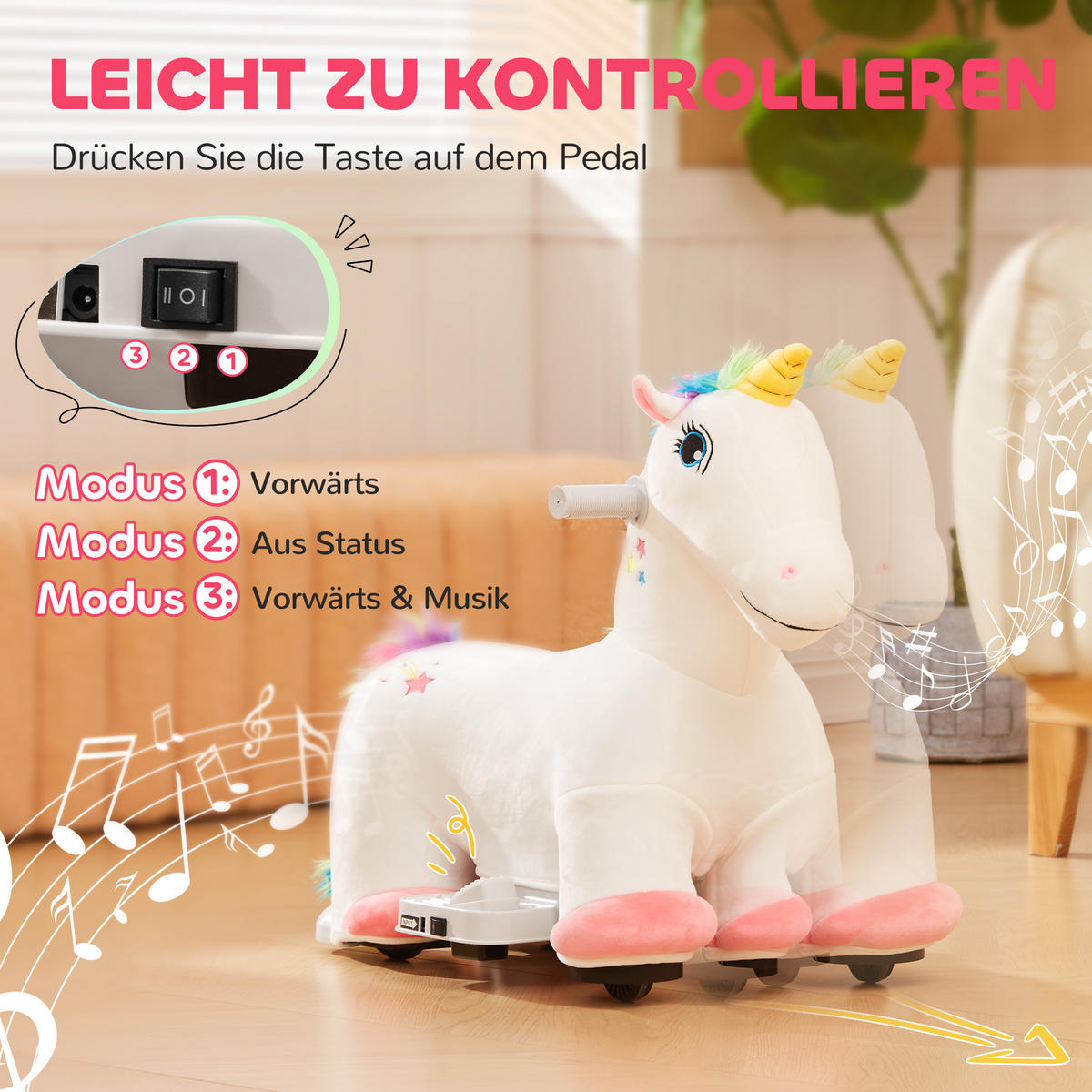 ELEKTRISCHES Pferd, Weiß, Polyester, Kunststoff, 69cm x 34cm x 53cm - Weiß, Kunststoff (69/34/53cm) - AIYAPLAY