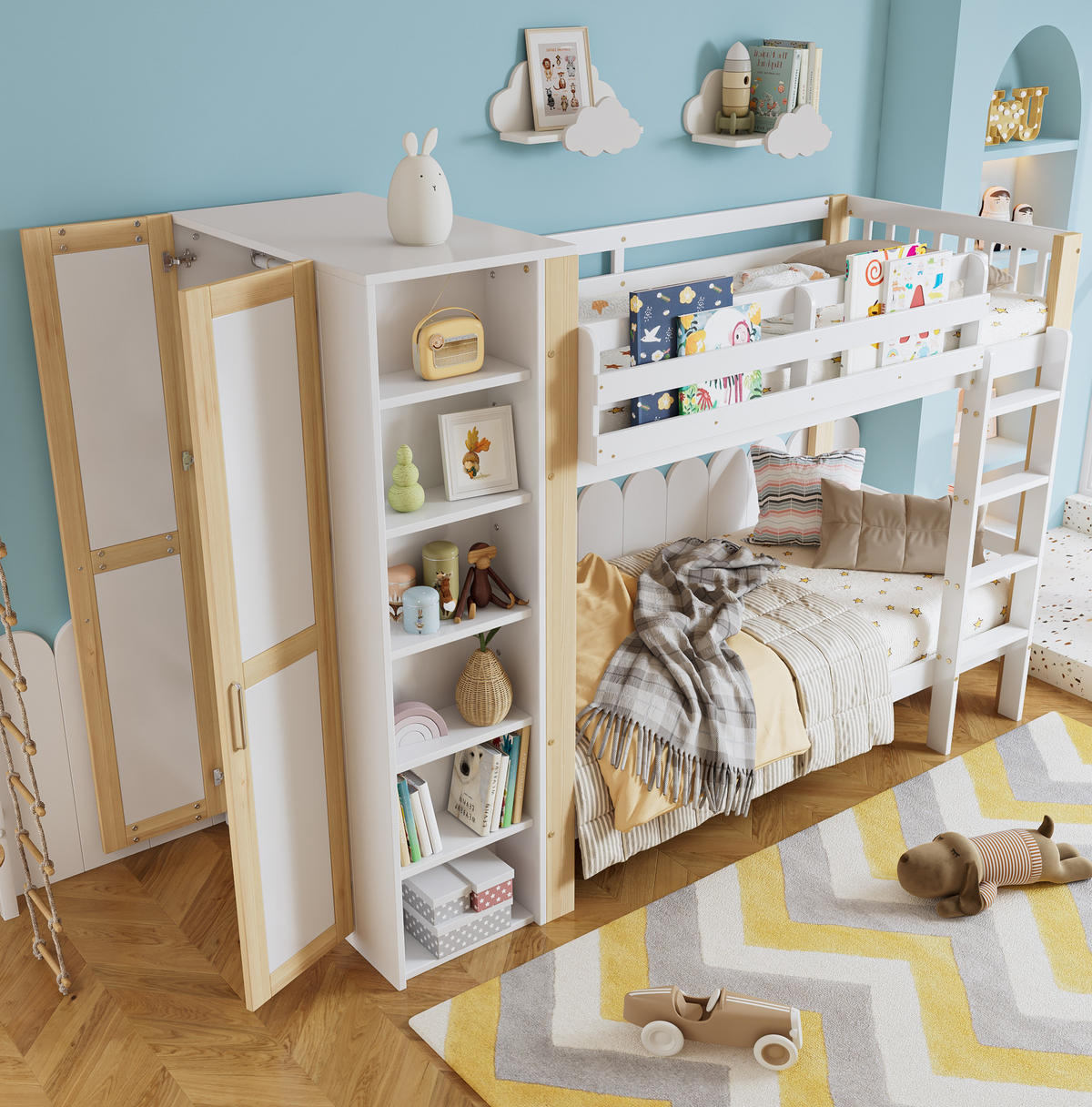 ETAGENBETT 90/200 cm Weiß+Natur mit Fallschutz und Kleiderschrank aus Kiefer und MDF - Weiß, Holzwerkstoff (90/200cm) - OKWISH