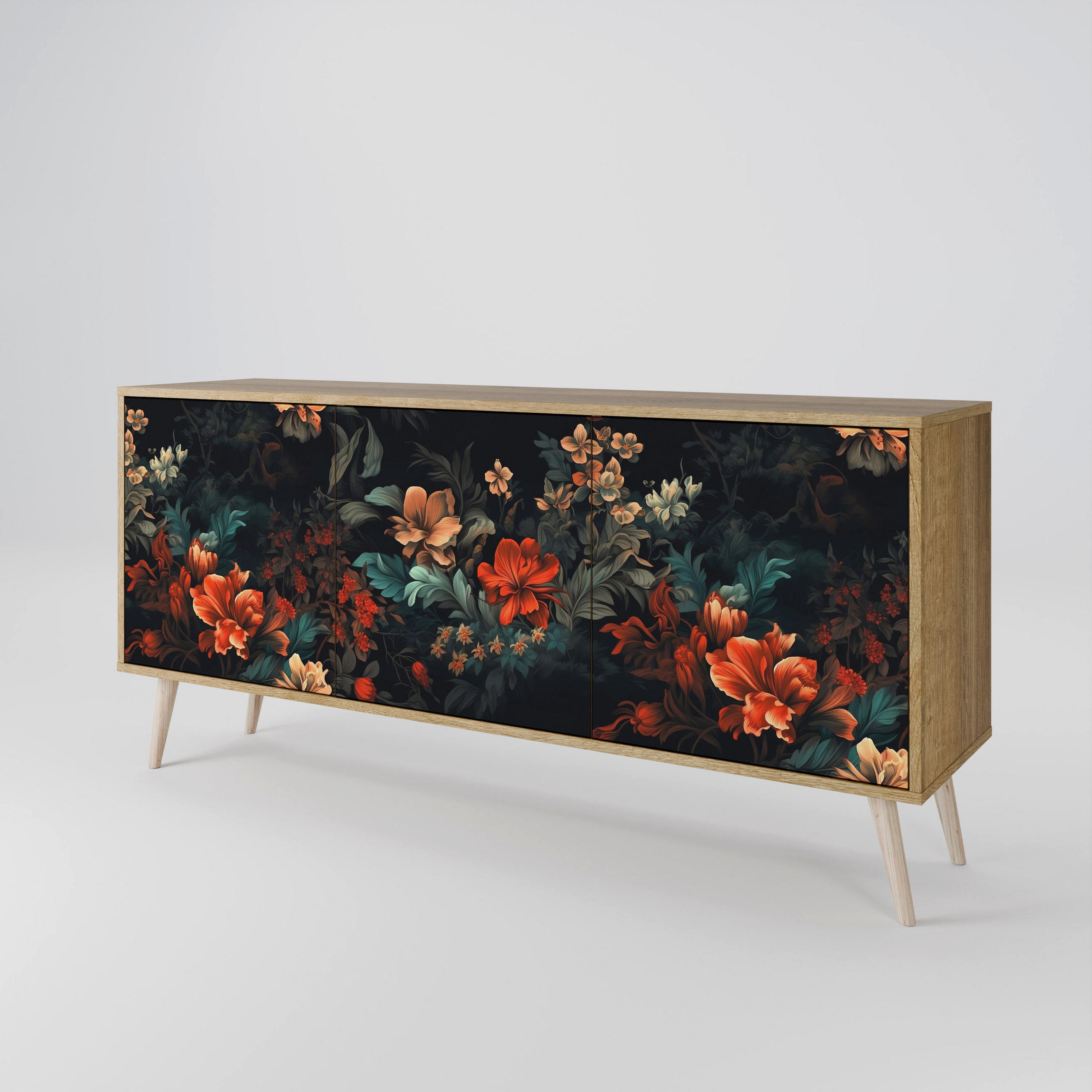 SIDEBOARD IMAGINARY BLOSSOM, Eicheneffekt, 164,5x42x77,5 cm, 3 Türen - Eichefarben/Buchefarben, Holzwerkstoff/Buchenholz (164.5/77.5/42cm) - SpaceRebels