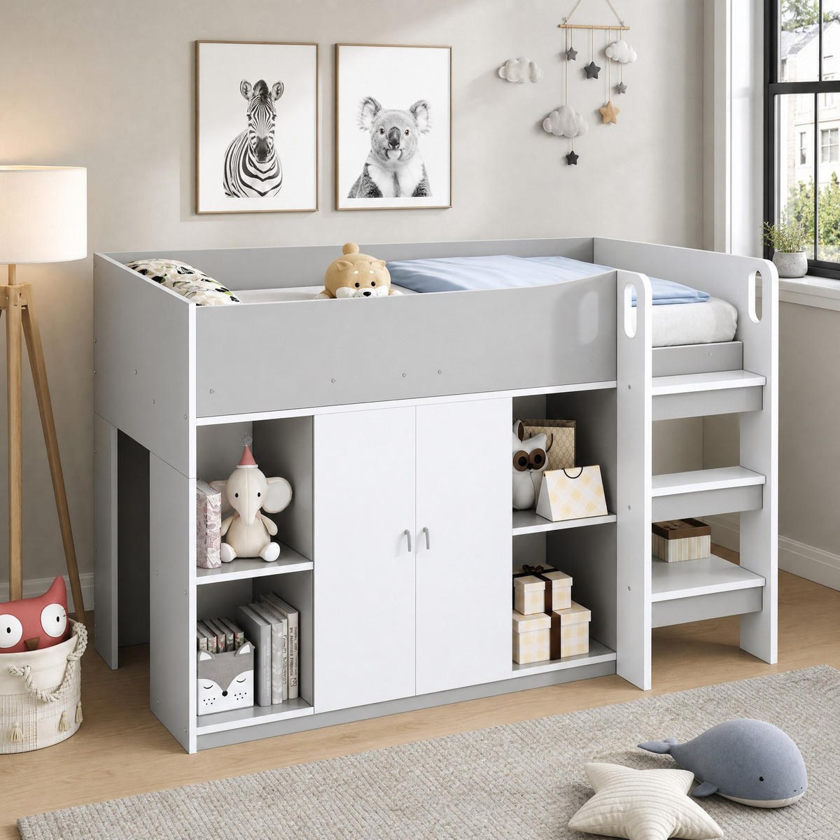 HOCHBETT 90/200 mit Stauraum, Schrank und Regalen in Grau - Grau, Holz (90/200cm) - EVRYAE