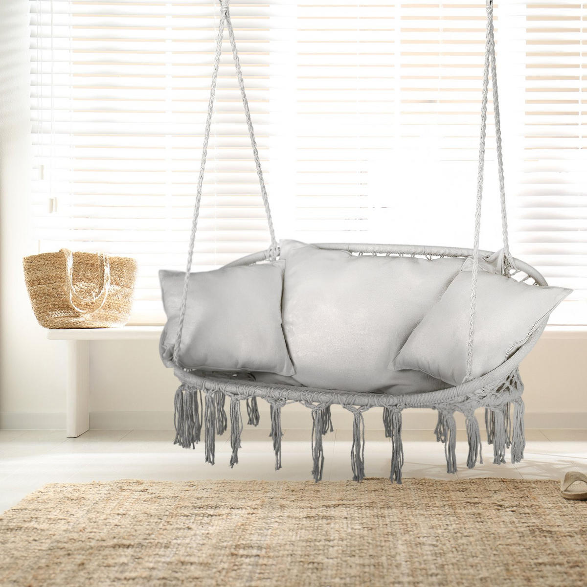 HÄNGESESSEL für 2 Personen mit Kissen 130/75/37 cm, bis 200 kg - Grau, Textil (130/108/75cm) - Outtec