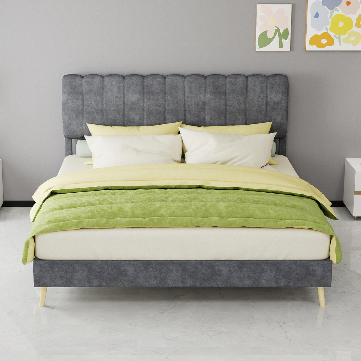 POLSTERBETT aus Samtstoff und Metall 160x200 cm Grau inklusive Matratze - Grau, Textil (160/200cm) - IVMEU