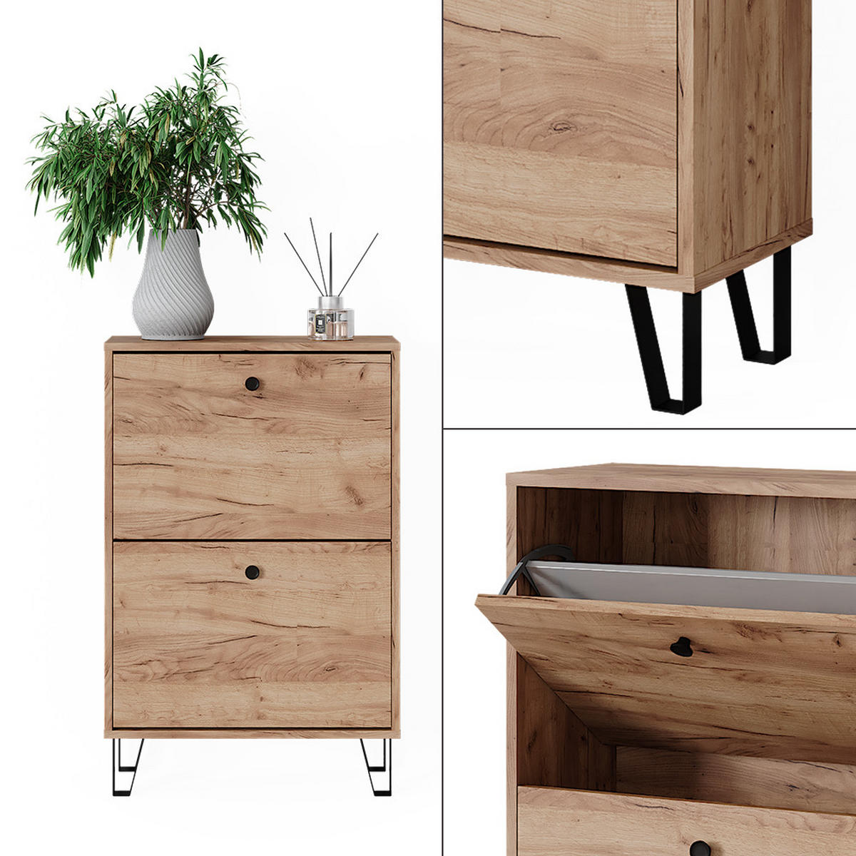 SCHUHKIPPER Siri Goldkraft Eiche 60 x 92 cm mit 2 Klappschubladen - Honigeiche, Holzwerkstoff (60/92/26cm) - Vicco