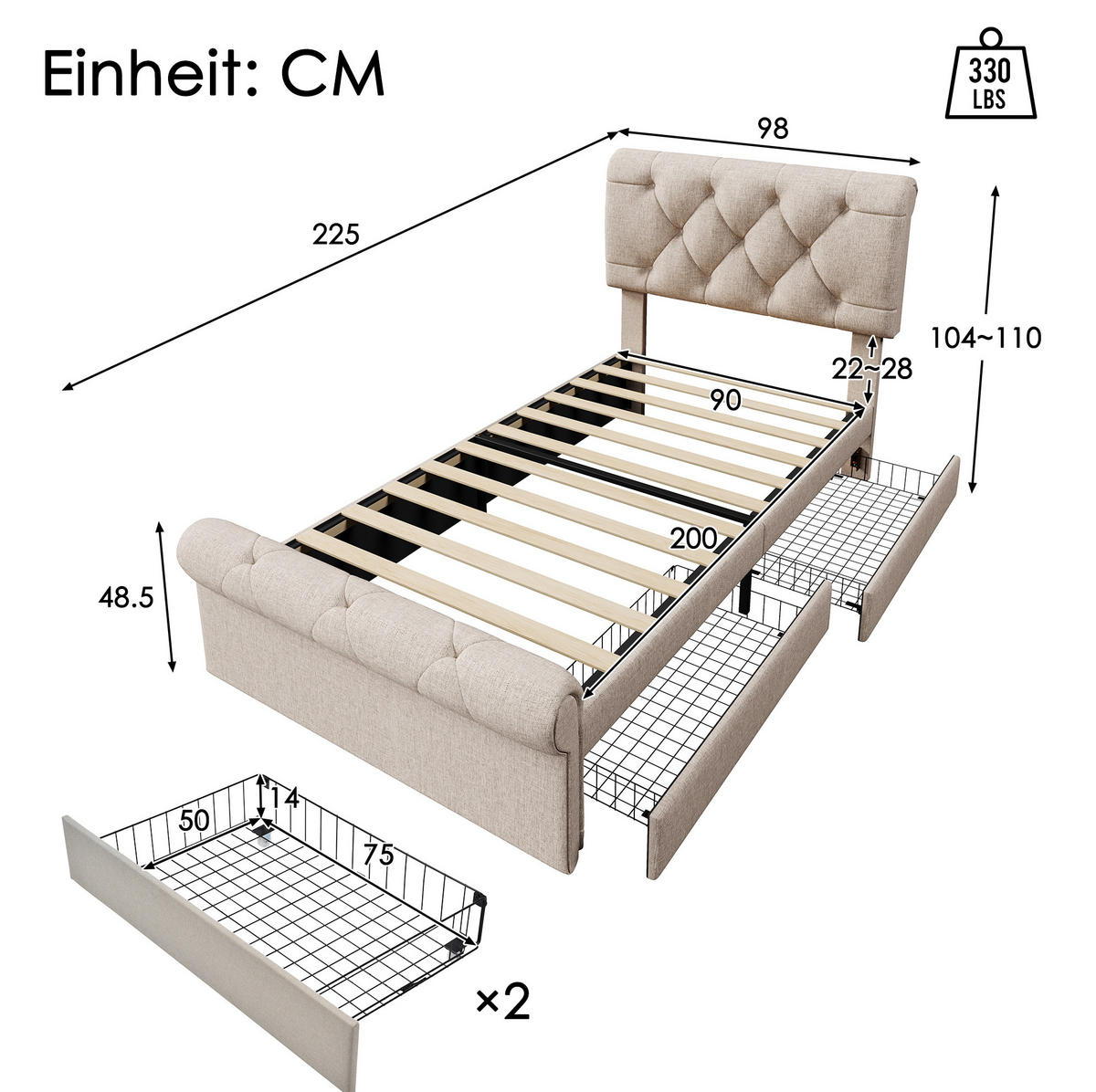 POLSTERBETT 90/200 cm Natürlich mit 2 Schubladen und höhenverstellbarem Kopfteil - Naturfarben, Metall (90/200cm) - OKWISH