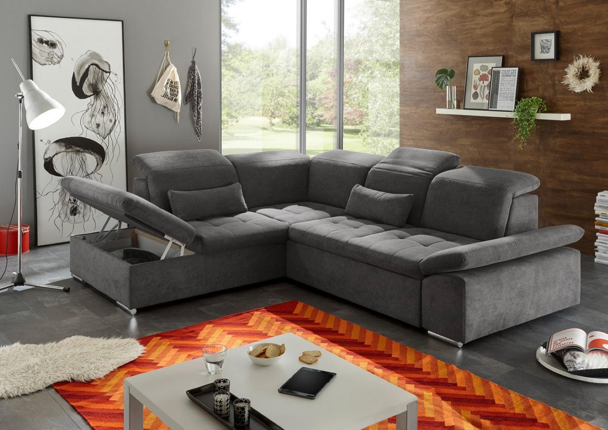 ECKSOFA mit Schlaffunktion mit Bettkasten und verstellbaren Kopf- und Rückenlehnen - Chromfarben/Grau, Textil (276/240cm) - ed exciting design