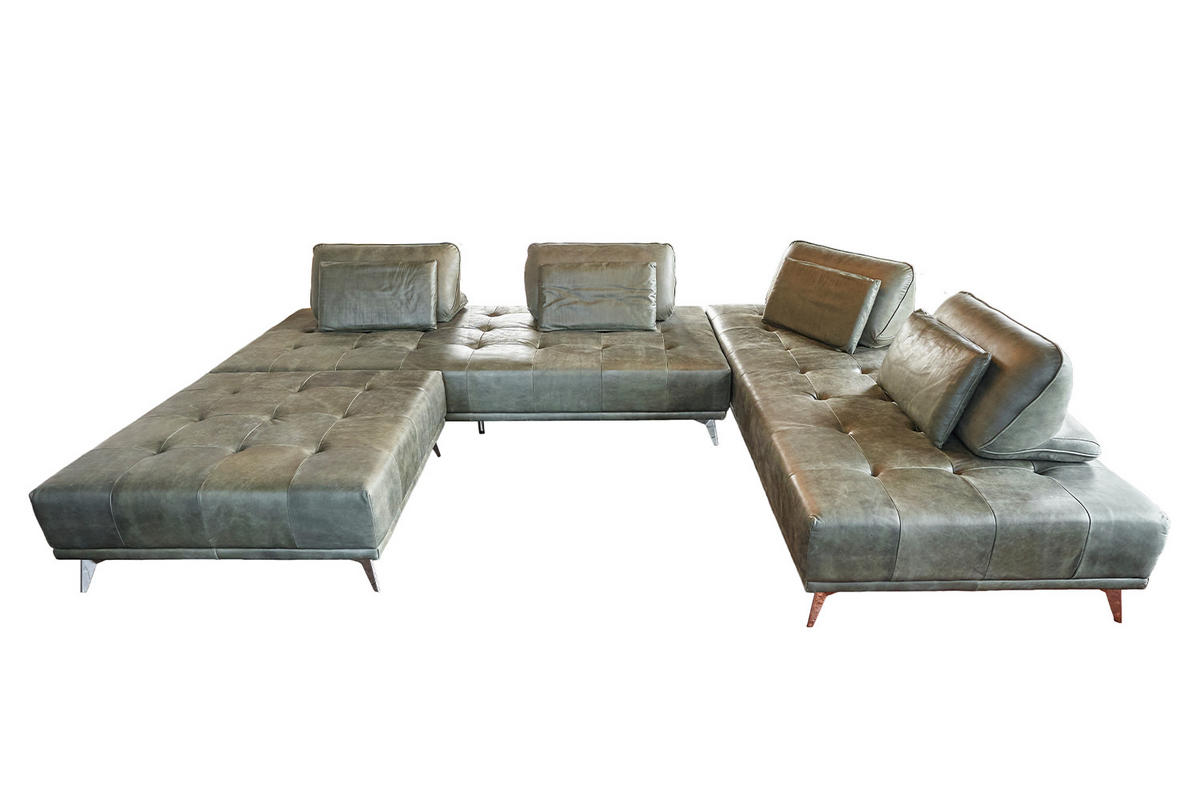 MODULSOFA MIT HOCKER WIOLO Grün Leder - Silberfarben/Grün, Leder (350/83/240cm) - KAWOLA