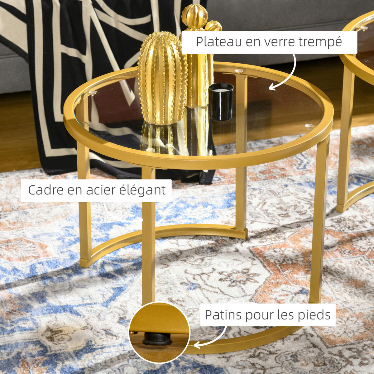 COUCHTISCH DE-15751 2er-Set nestbar mit Glasplatten Gold - Goldfarben, Metall (70/70/47.5cm) - ComfortXL