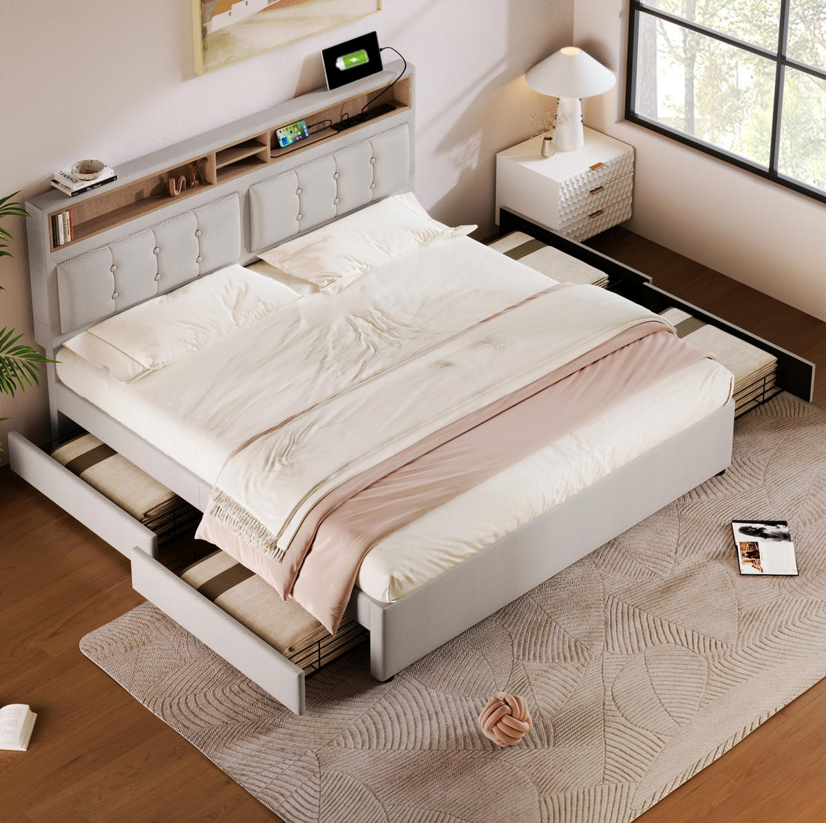 POLSTERBETT 160/200 cm mit 4 Schubladen, USB-C und verstellbarem Kopfteil - Beige, Textil (160/200cm) - BEAOK