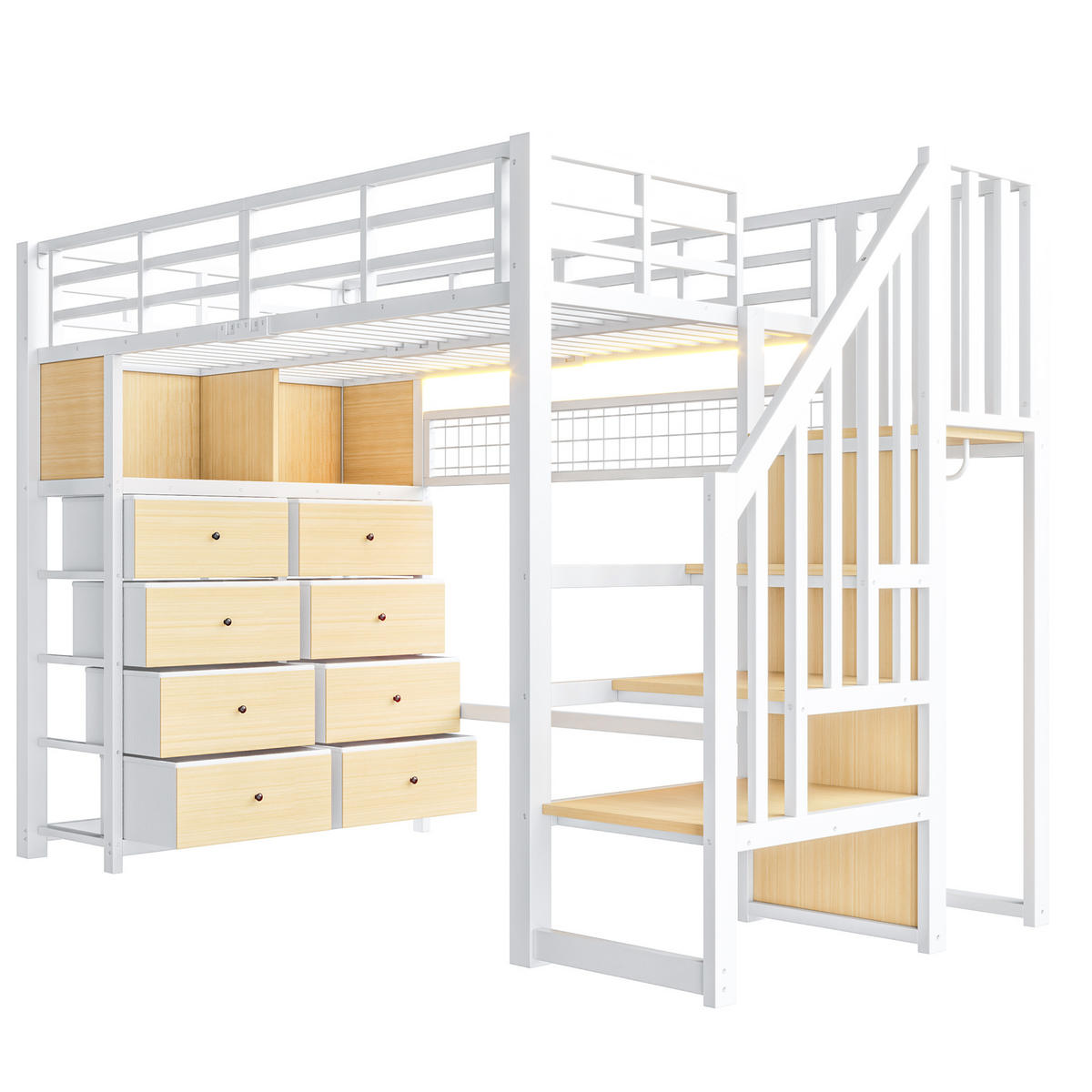 HOCHBETT 90x200cm mit 8 Schubladen und Aufbewahrungsleiter, Weiß - Weiß, Metall (90/200cm) - KOMHTOM