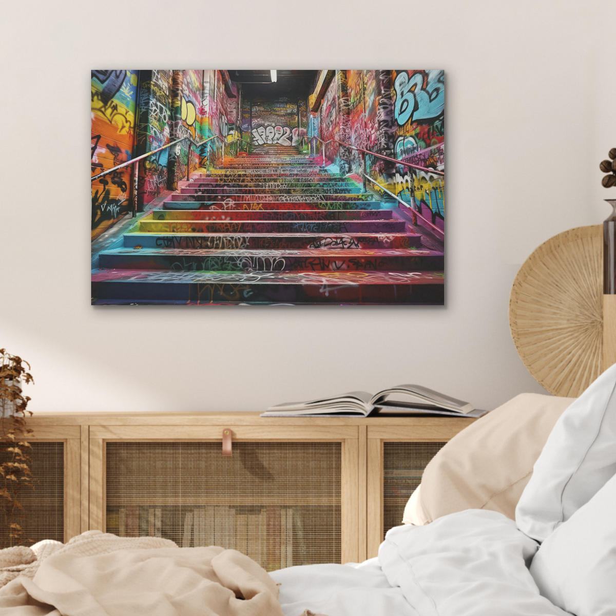 AKUSTIKBILD Treppe - Graffiti - Farben - Kunst Wanddeko 70x50 cm - Multicolor, Kunststoff (70/50/0.9cm) - MuchoWow