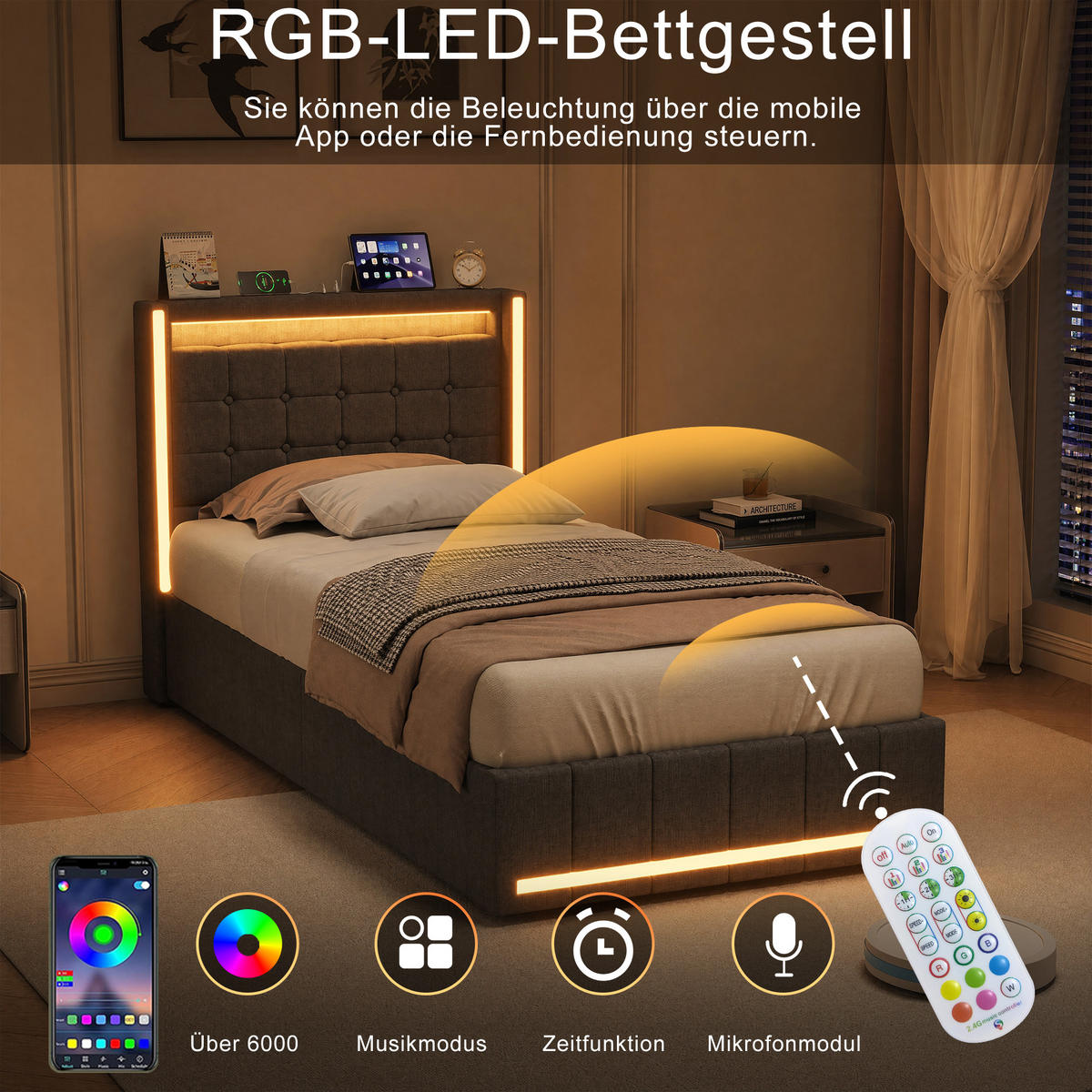 POLSTERBETT 90x200 cm Grau mit LED, Stauraum, USB-C & hydraulischem Lattenrost - Grau, Holz (90/200cm)