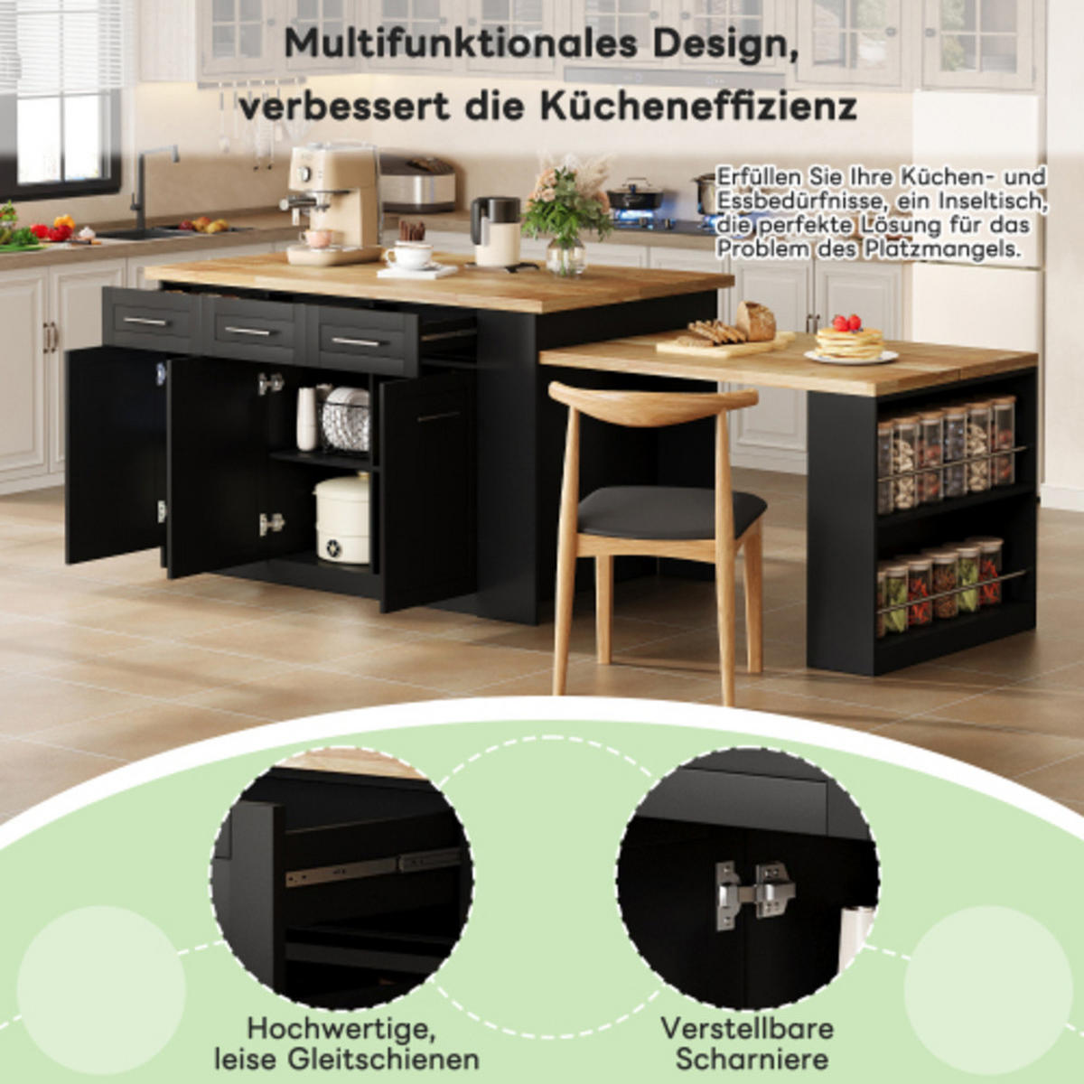 KÜCHENINSEL Schwarz-Natur aus MDF mit integriertem ausziehbarem Esstisch 150 × 90 × 90 cm - Schwarz, Holzwerkstoff (150/90/90cm) - Luhomfu