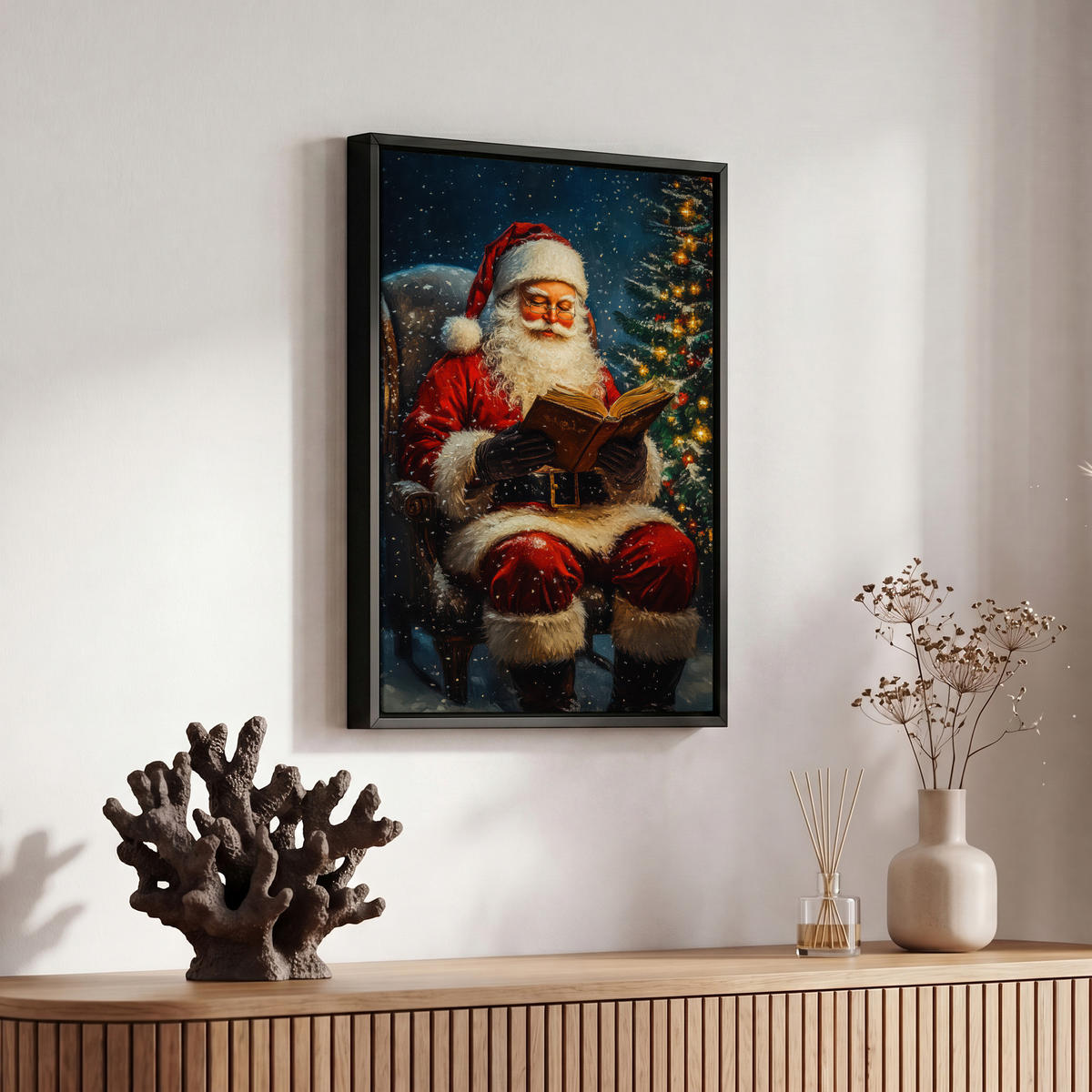 LEINWAND Bilder mit Rahmen - Weihnachtsmann - Weihnachten - Winter - Weihnachtsbaum - 20x30 - Bordeaux, Textil (20/30cm) - MuchoWow