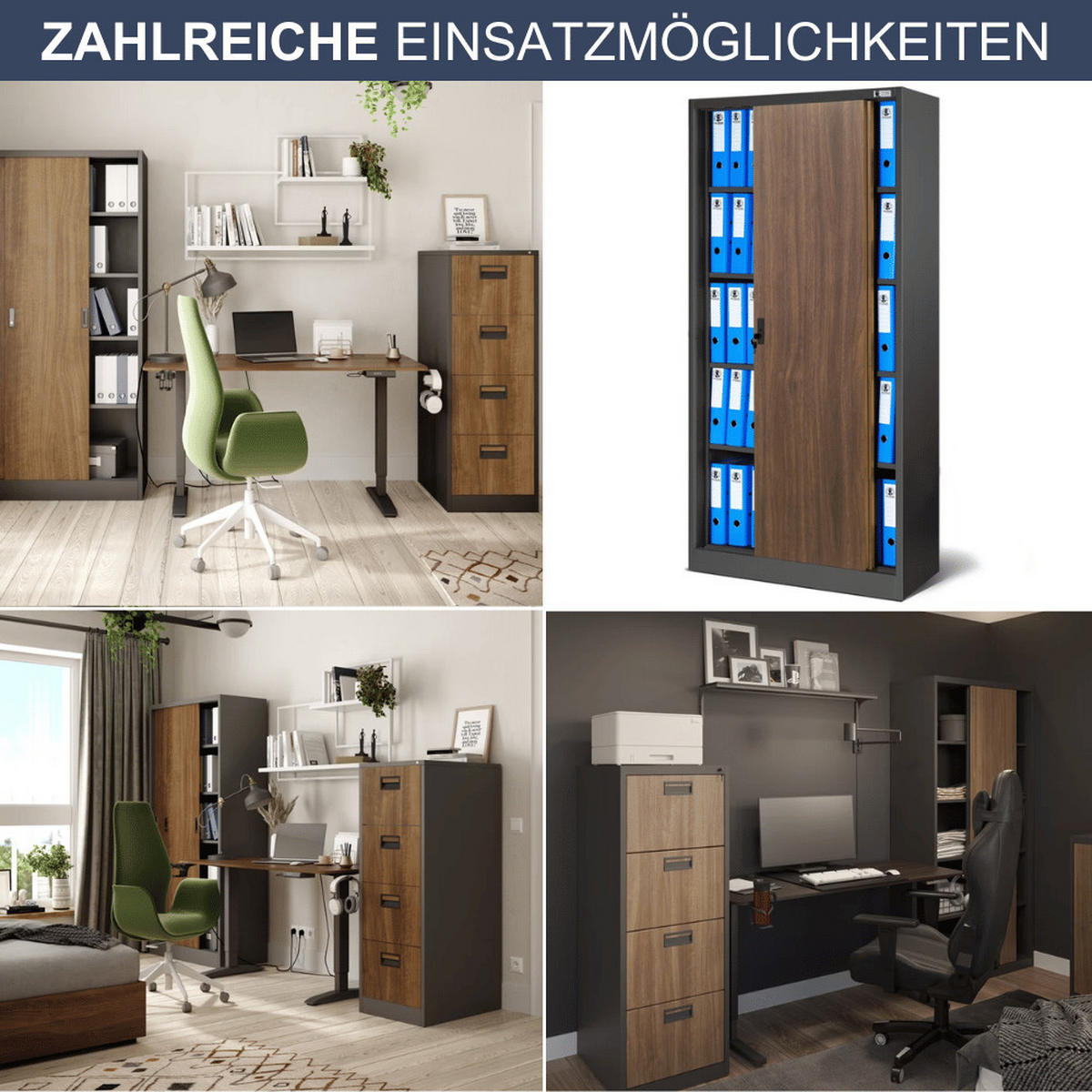 AKTENSCHRANK abschließbar ROLF mit Schiebetüren 185x90x40cm Anthrazit-Nussbaum - Anthrazit, Metall (90/185/40cm) - DELUKE