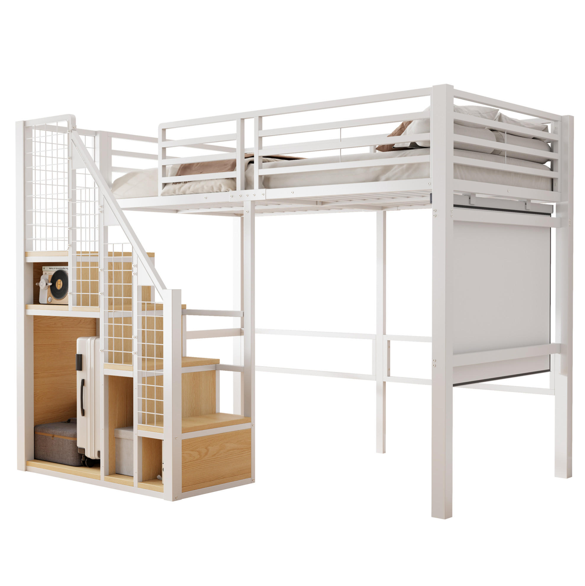HOCHBETT 90/200 cm aus Metall mit Stauraum und Sicherheitsleiter Weiß - Weiß, Metall (90/200cm) - Modenvie