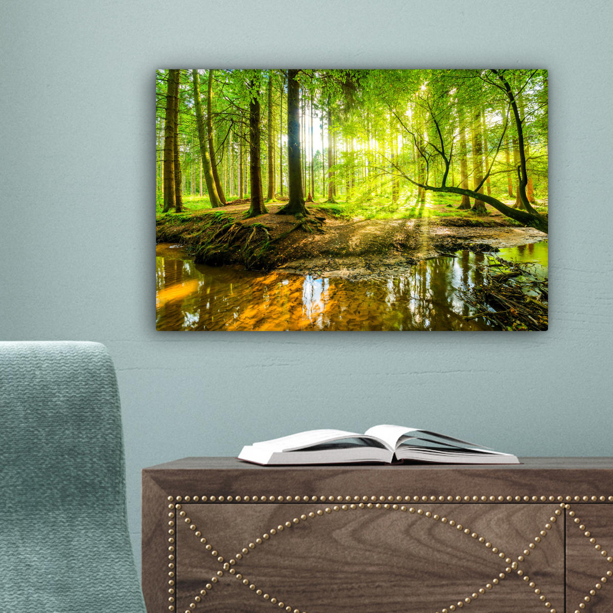 LEINWANDBILD Wald - Landschaft - Wasser - Bäume - Sonne - Grün - Natur 30x20 cm - Grün, Textil (30/20cm) - MuchoWow