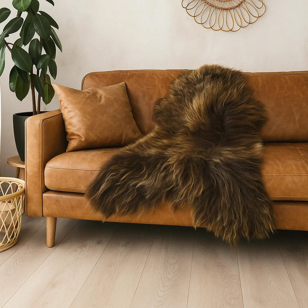 SCHAFFELL Ganzes Island Lammfell Langhaarig Mittelbraun/Goldbraune Akzente, ca. 140 cm - Goldfarben/Braun, Fell (70/140cm) - Provellus