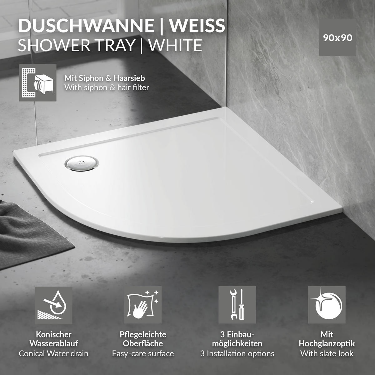 SPRCHOVÁ VANIČKA 90x90 cm kulatá bílá s odtokovou soupravou - bílá, plast (90/4/90cm) - LuxeBath