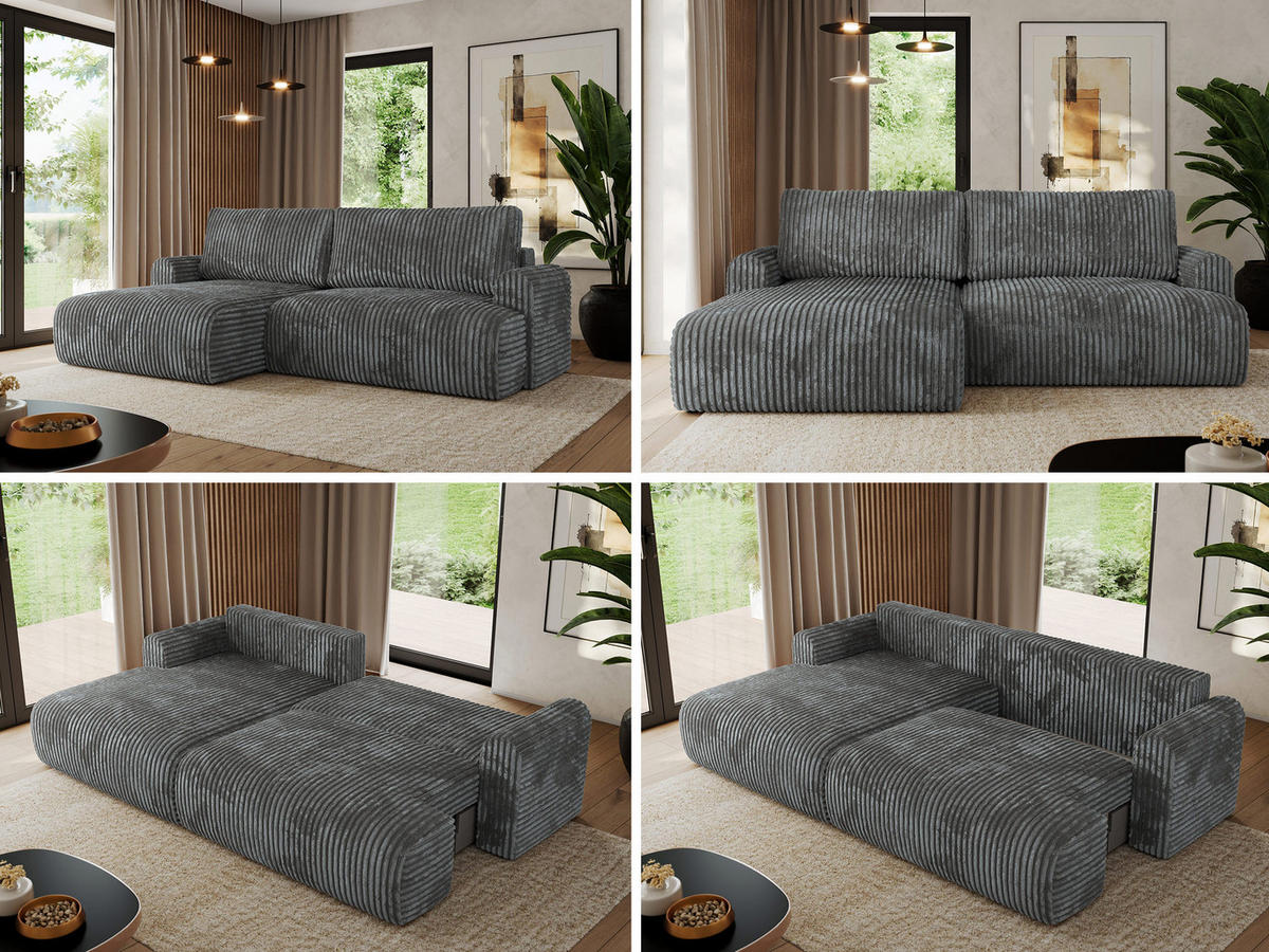 ECKSCHLAFSOFA TONO L Dunkelgrau Cord - links - Dunkelgrau/Schwarz, Kunststoff/Textil (260/150cm) - MKS